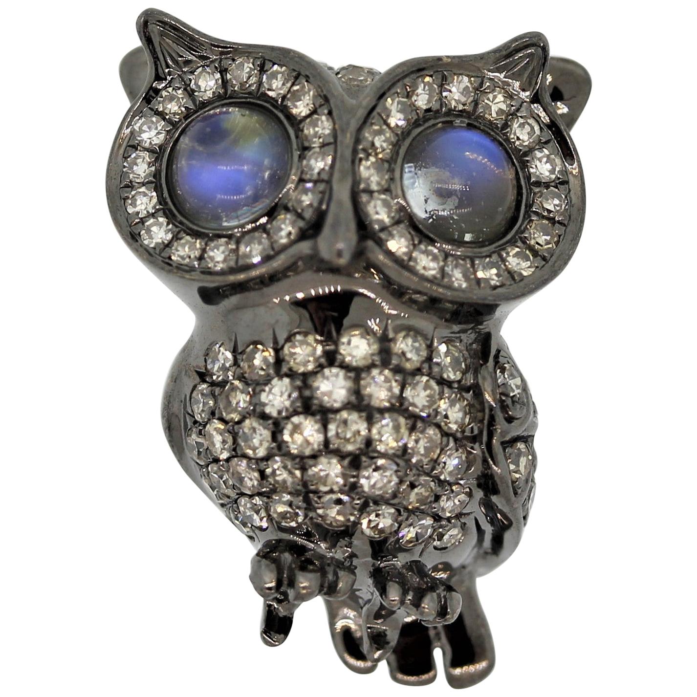 Moonstone Diamond Gold Rhodium Owl Pin Brooch