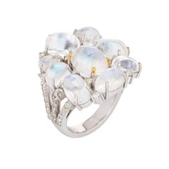 Moonstone Diamond Mosaic Ring Estate 14k White Gold Square Cocktail Jewelry 6.75