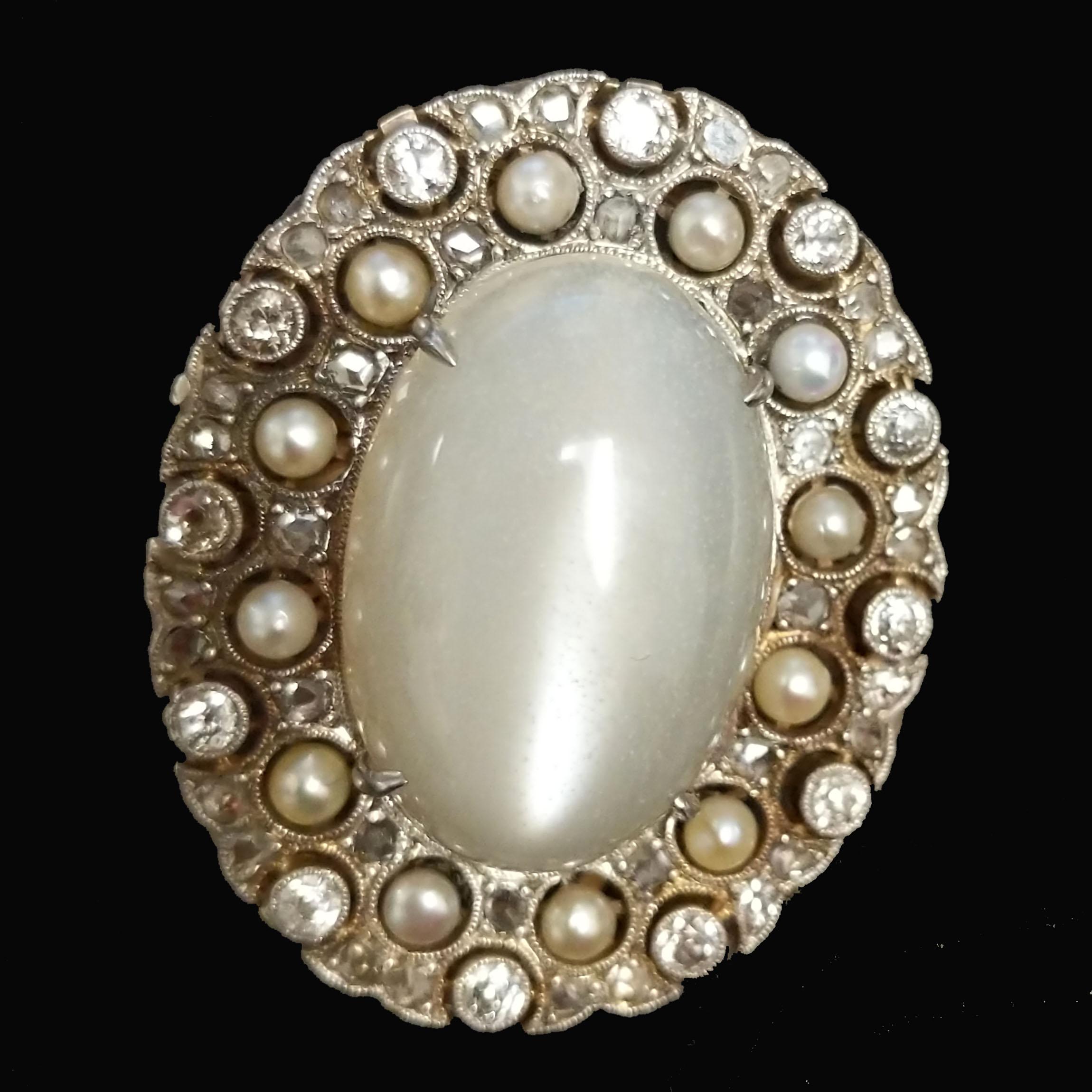Women's or Men's Moonstone, Diamond, Pearl, and Platinum Ring
