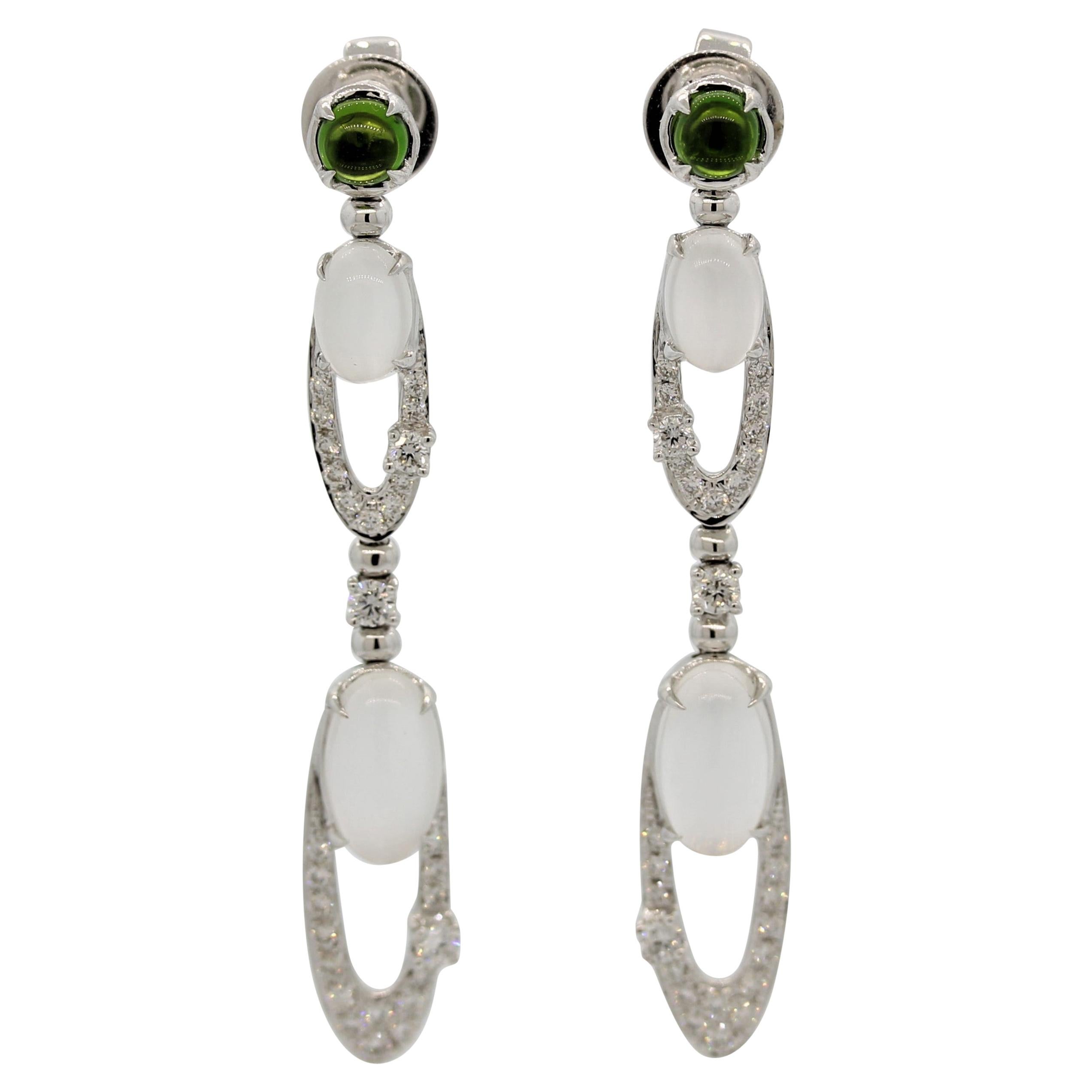 Moonstone Diamond Peridot Gold Dangle Earrings For Sale