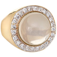 Moonstone Diamond Ring Vintage 14 Karat Gold Square Band Heavy Fine Jewelry