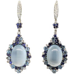 Moonstone Diamond Sapphire Topaz Gold Drop Earrings