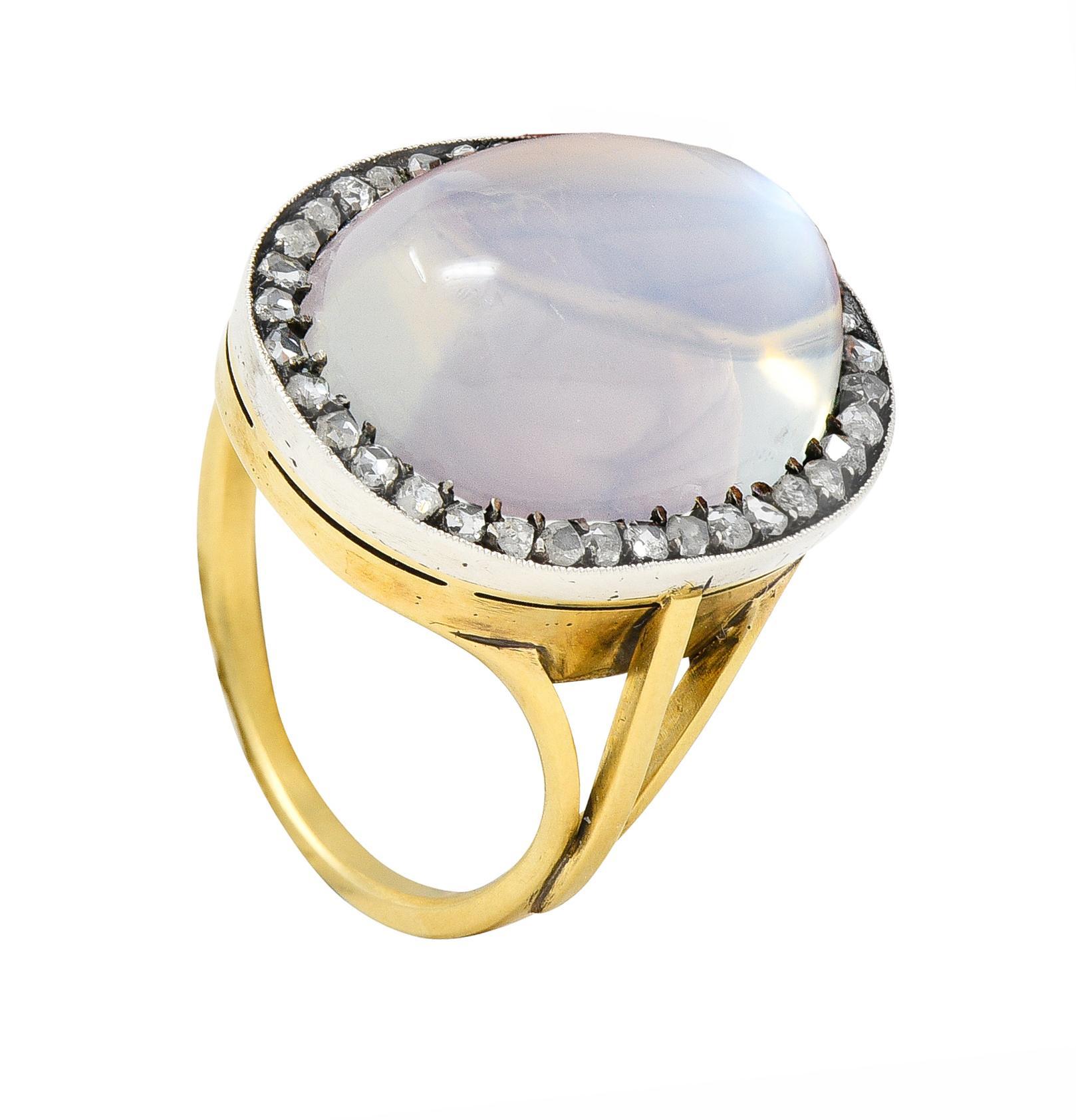 Moonstone Diamond Silver-Topped 18 Karat Yellow Gold Antique Ring For Sale 6