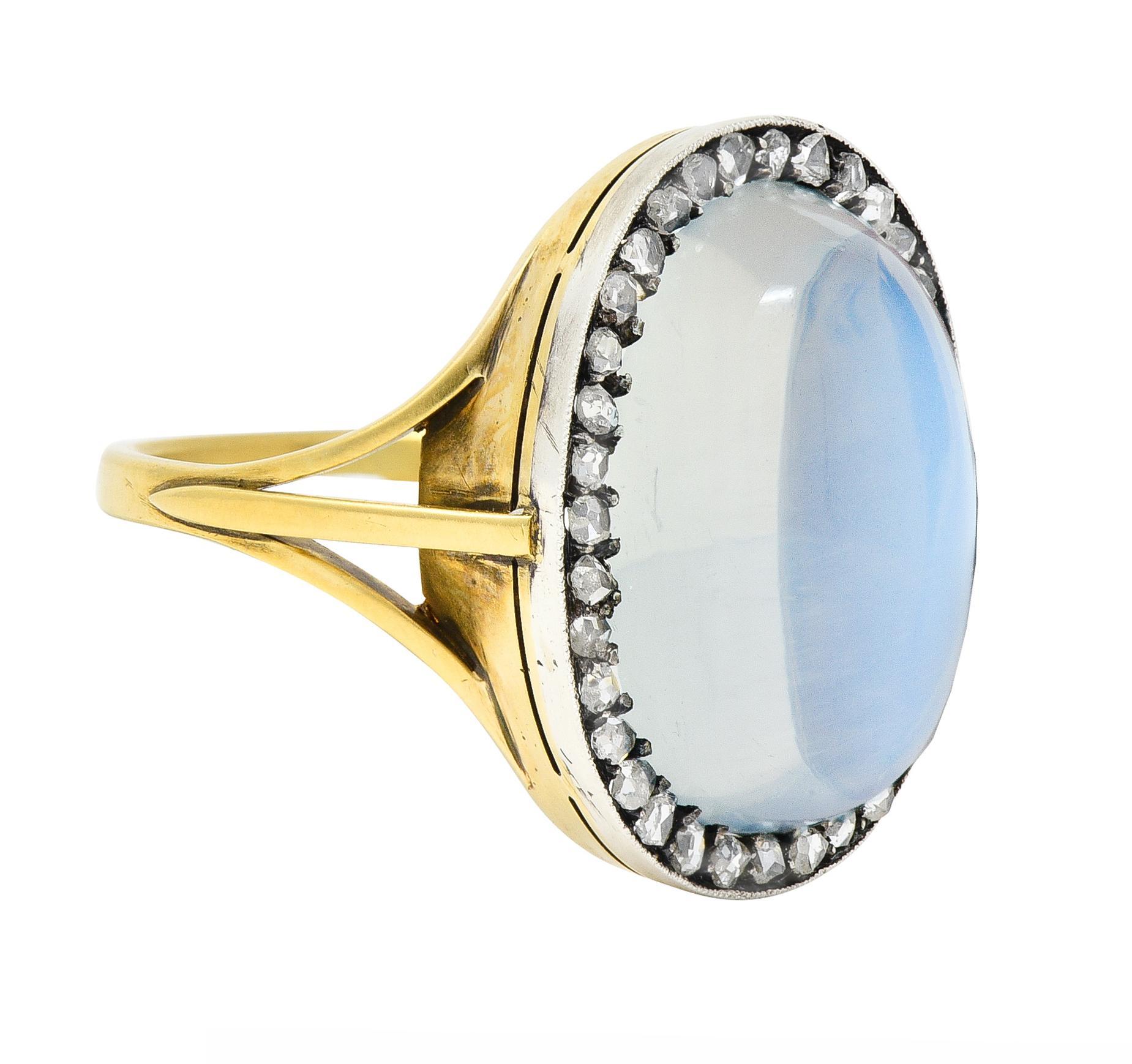 Cabochon Moonstone Diamond Silver-Topped 18 Karat Yellow Gold Antique Ring For Sale