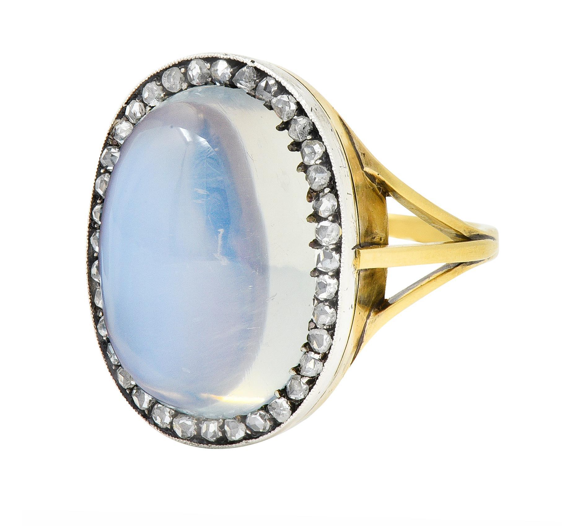 Moonstone Diamond Silver-Topped 18 Karat Yellow Gold Antique Ring For Sale 2