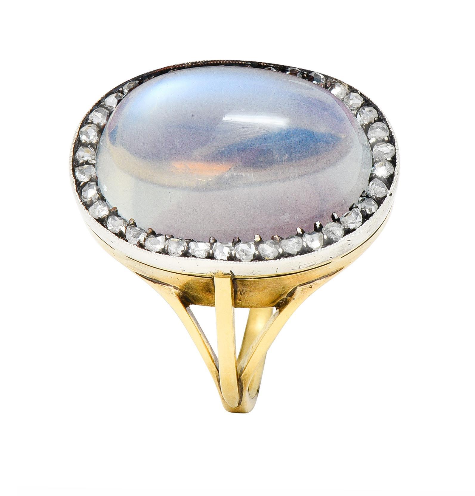 Moonstone Diamond Silver-Topped 18 Karat Yellow Gold Antique Ring For Sale 3