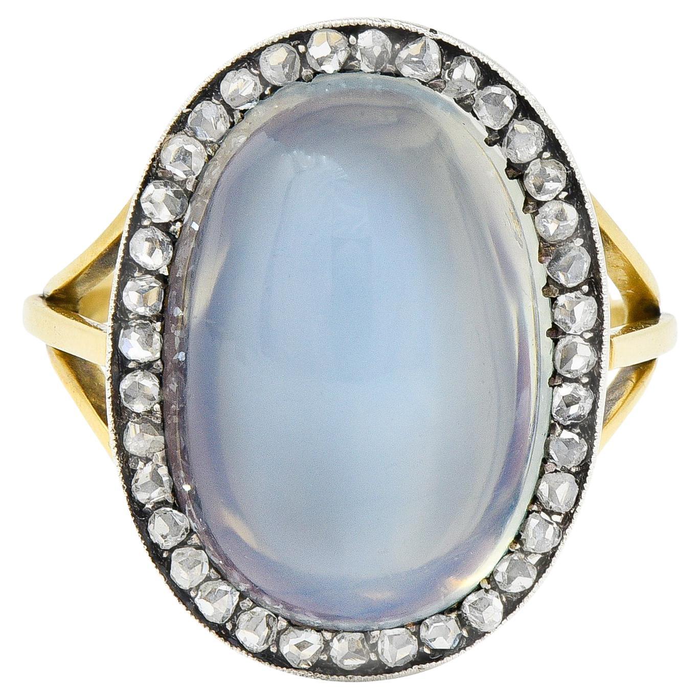 Moonstone Diamond Silver-Topped 18 Karat Yellow Gold Antique Ring For Sale