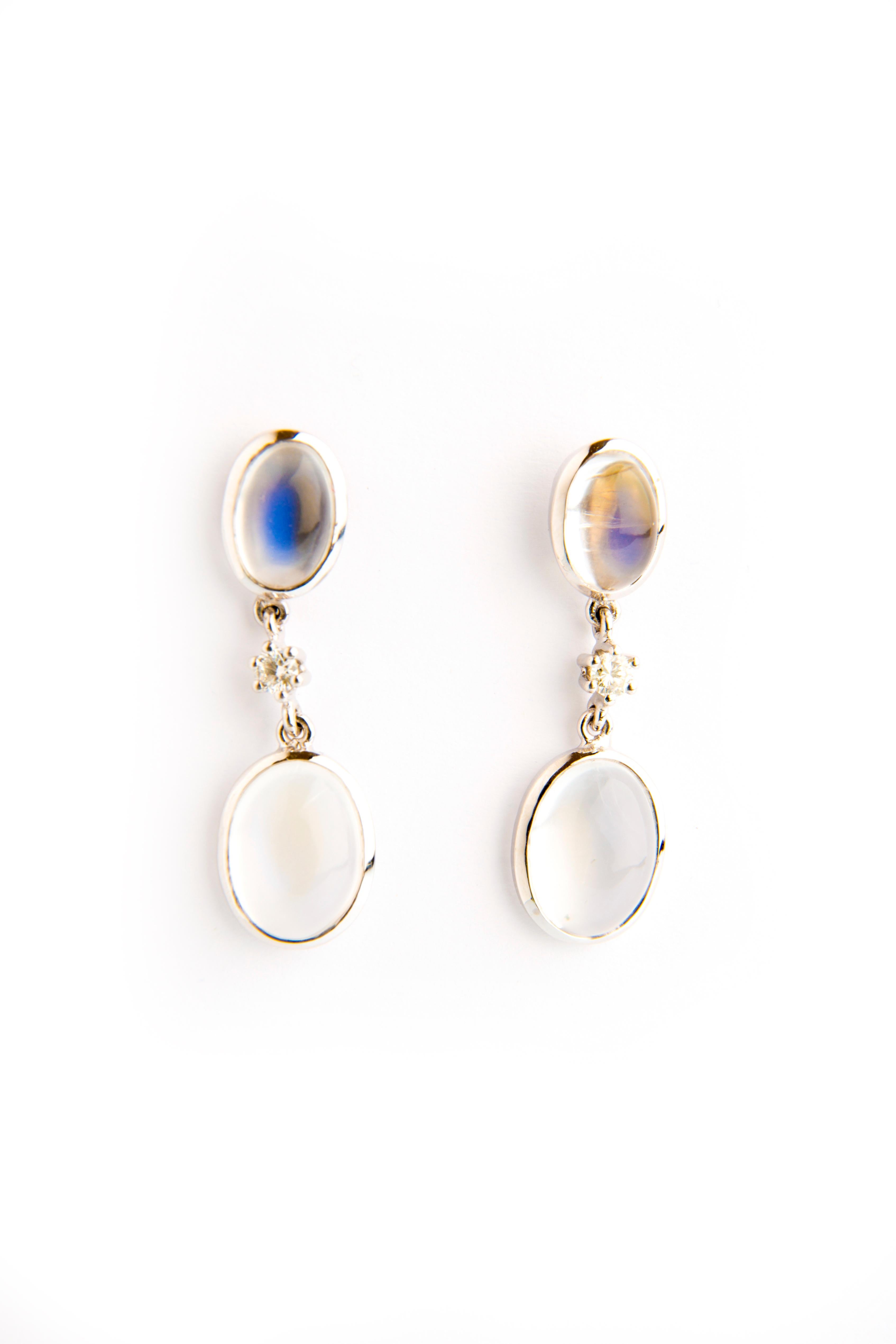 Contemporary Moonstone Diamond White Gold 18 Karat Dangle Earrings For Sale