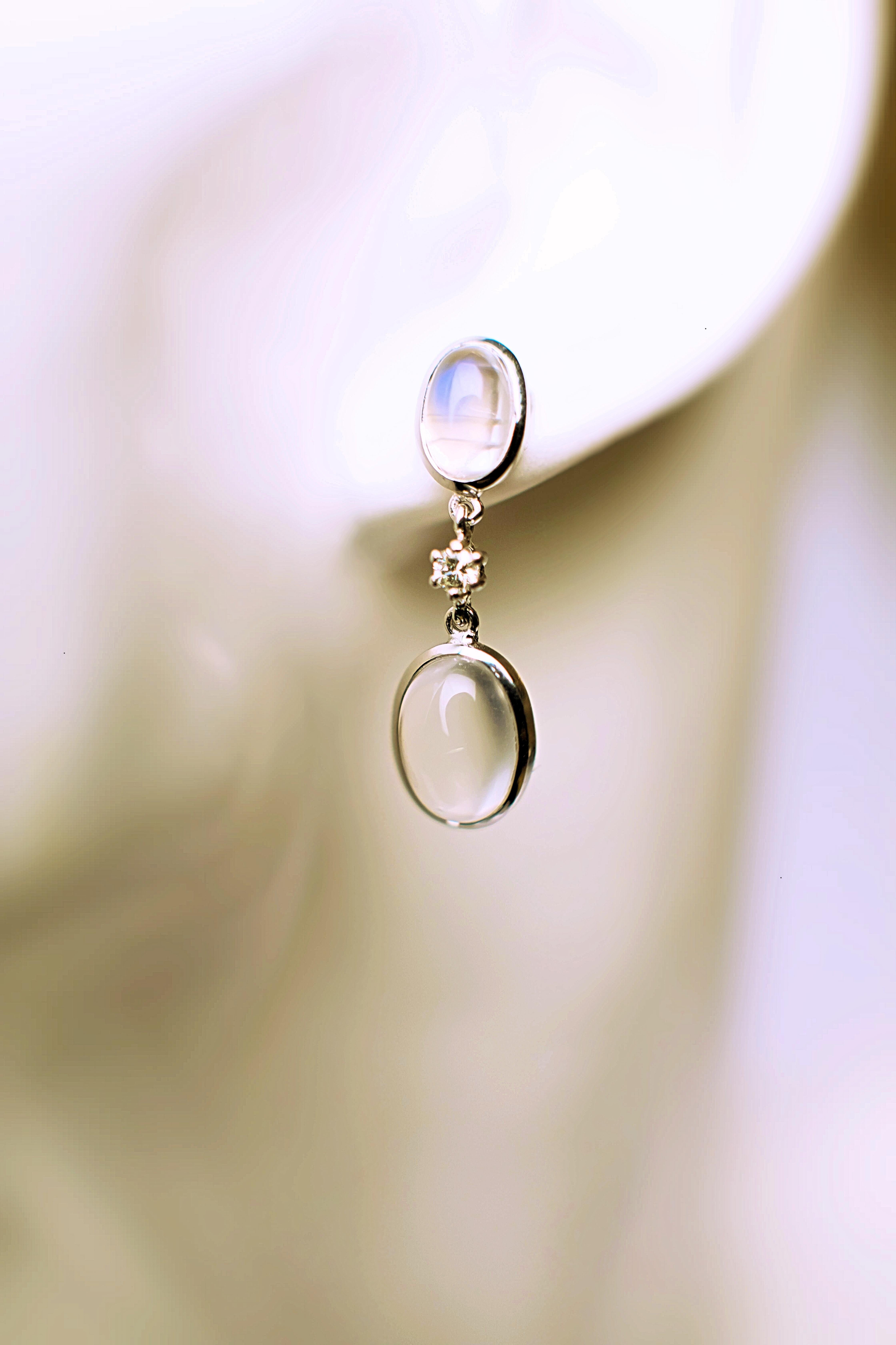 Moonstone Diamond White Gold 18 Karat Dangle Earrings For Sale 1