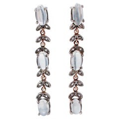 Moonstone, Diamonds, 9 Karat Rose Gold and Silver Dangle Earrings