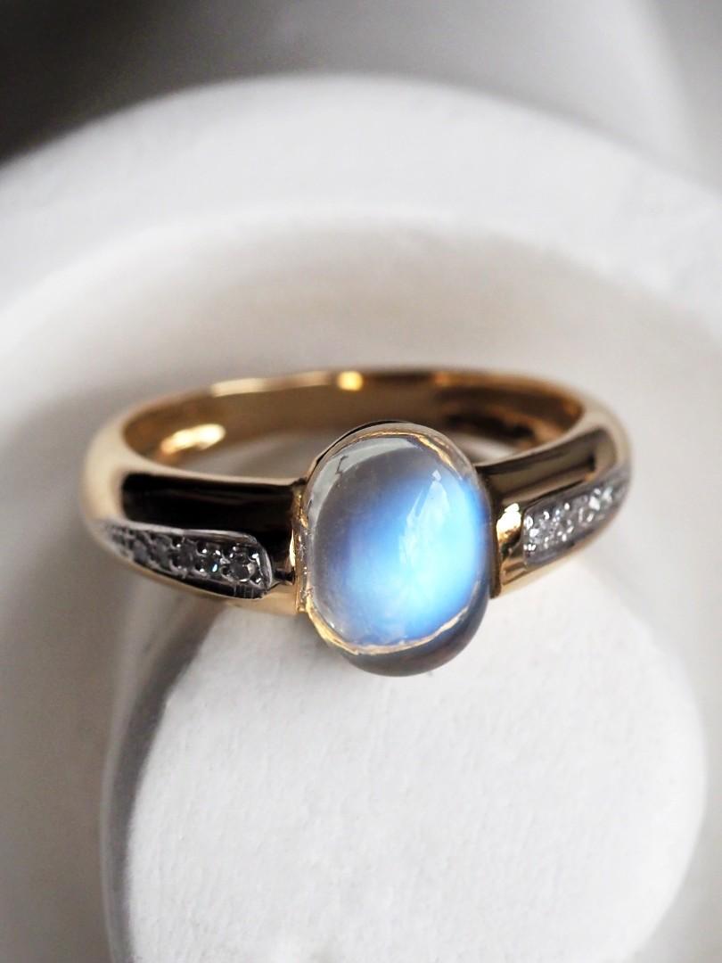 Moonstone Diamonds Yellow Gold Ring Oval Cabochon LGBTQ Engagement Classic Style 13