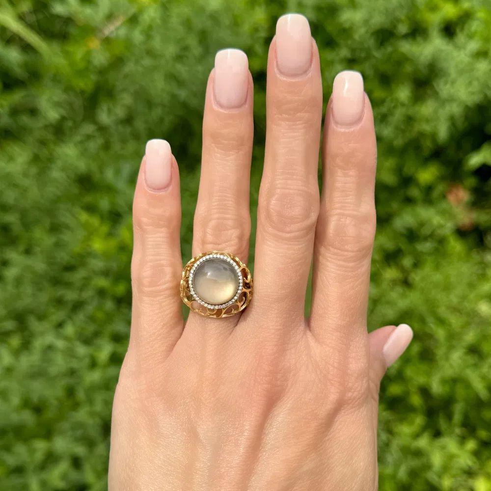 Mondstein Doublette und Diamant Gold Offener Filigran Dome MORAGLIONE Designer Ring (Moderne) im Angebot