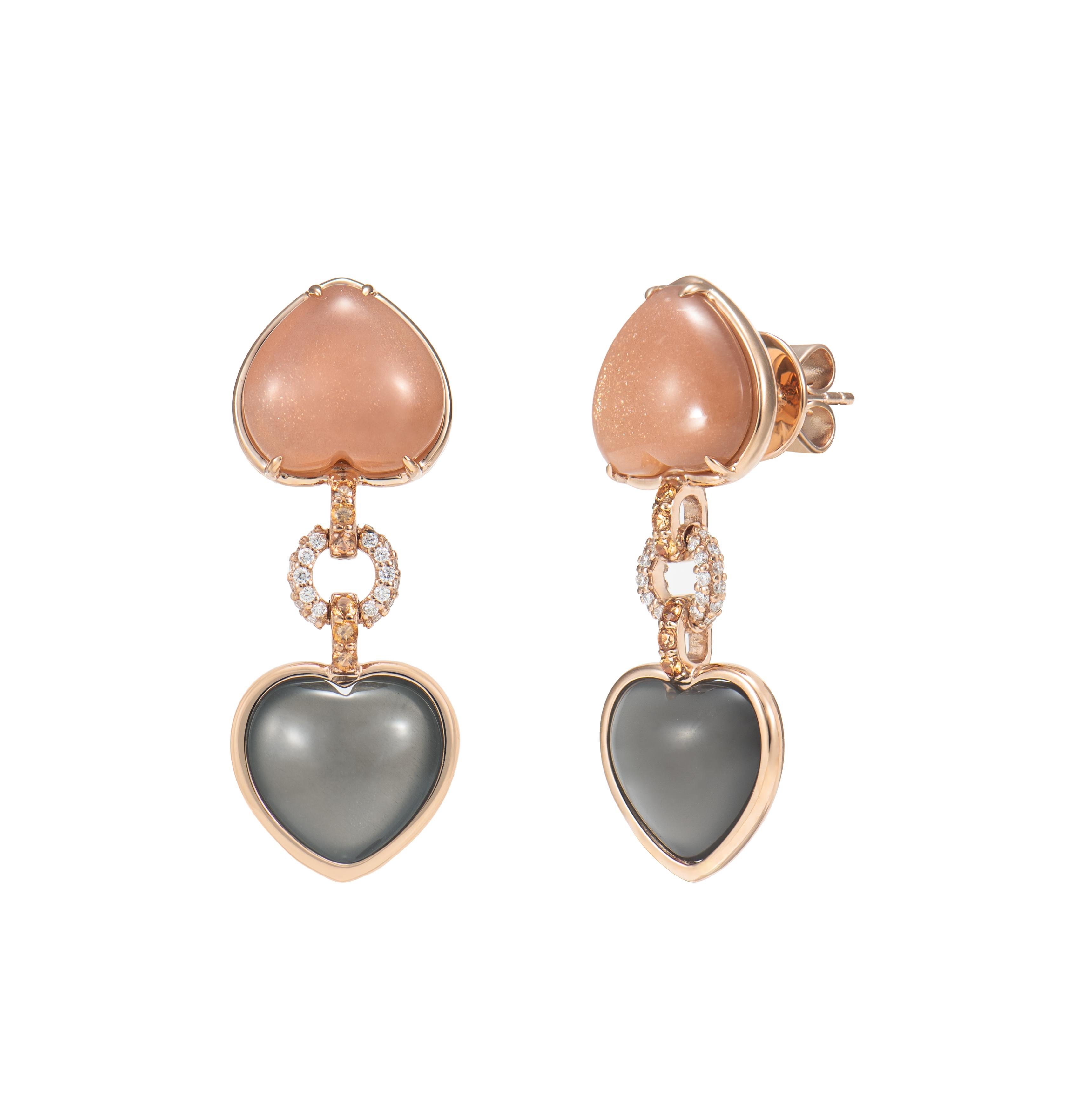 Contemporary Moonstone Drop Earring in 18 Karat Rose Gold with Sapphire and White Diamond For Sale