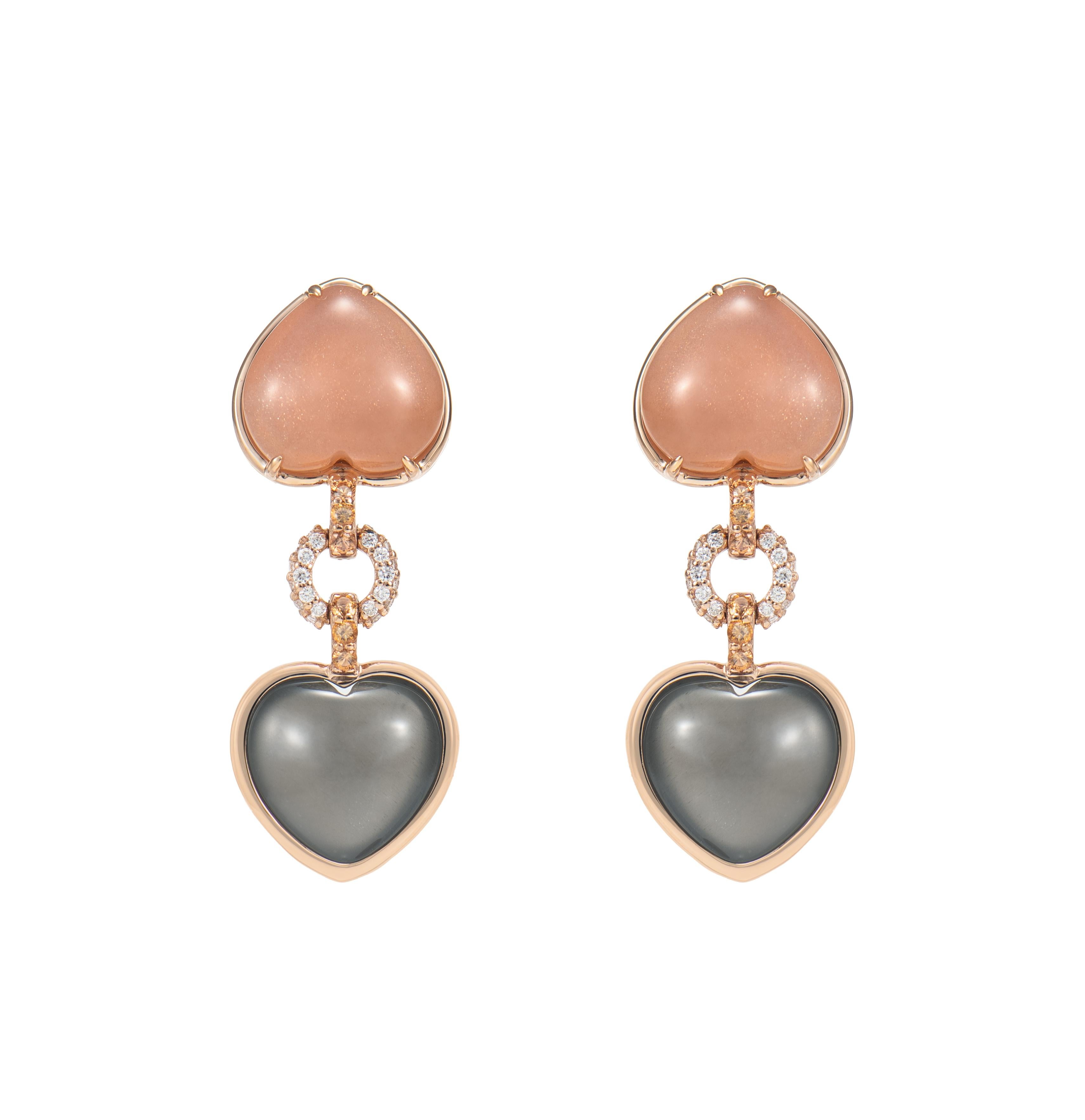 Heart Cut Moonstone Drop Earring in 18 Karat Rose Gold with Sapphire and White Diamond For Sale