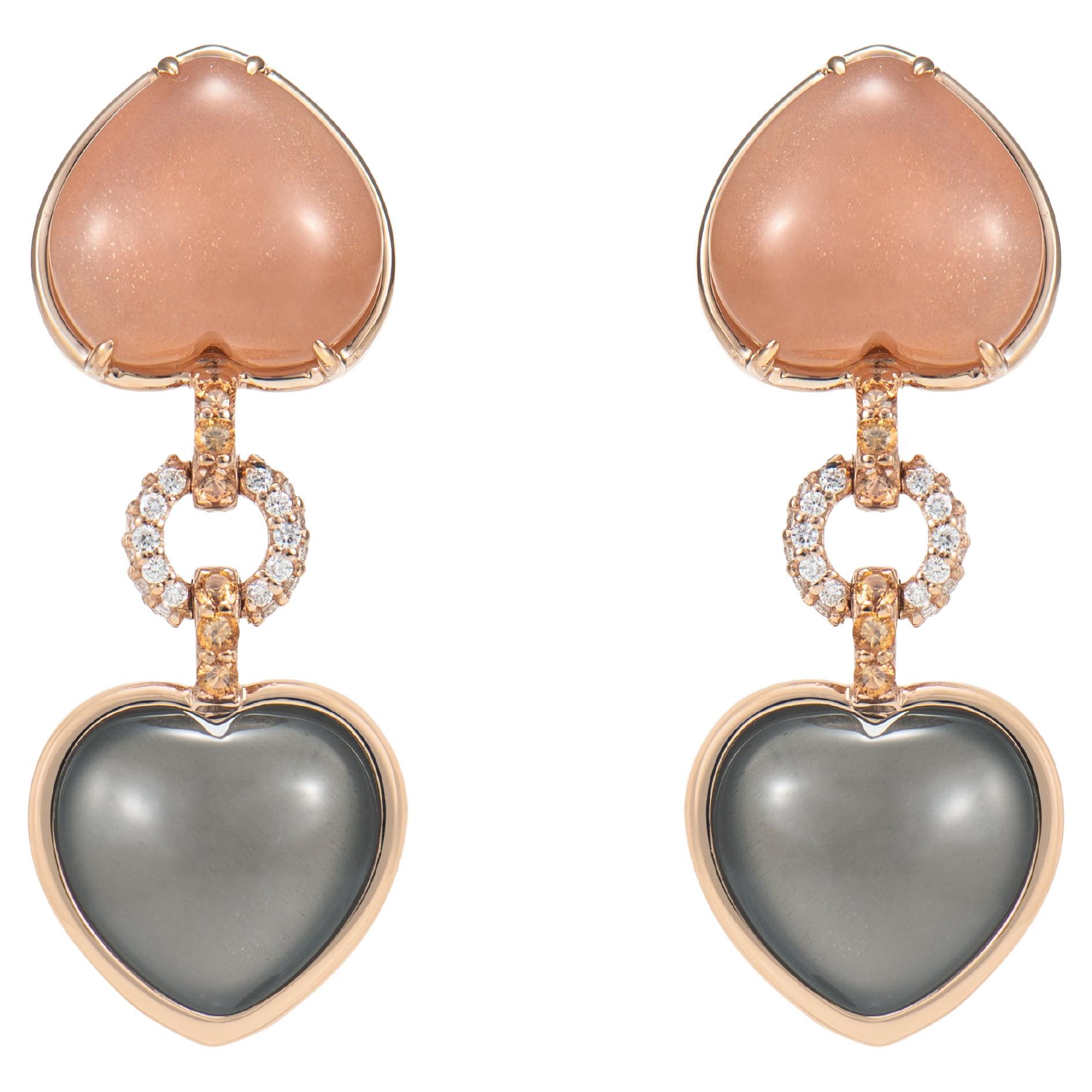 Moonstone Drop Earring in 18 Karat Rose Gold with Sapphire and White Diamond For Sale