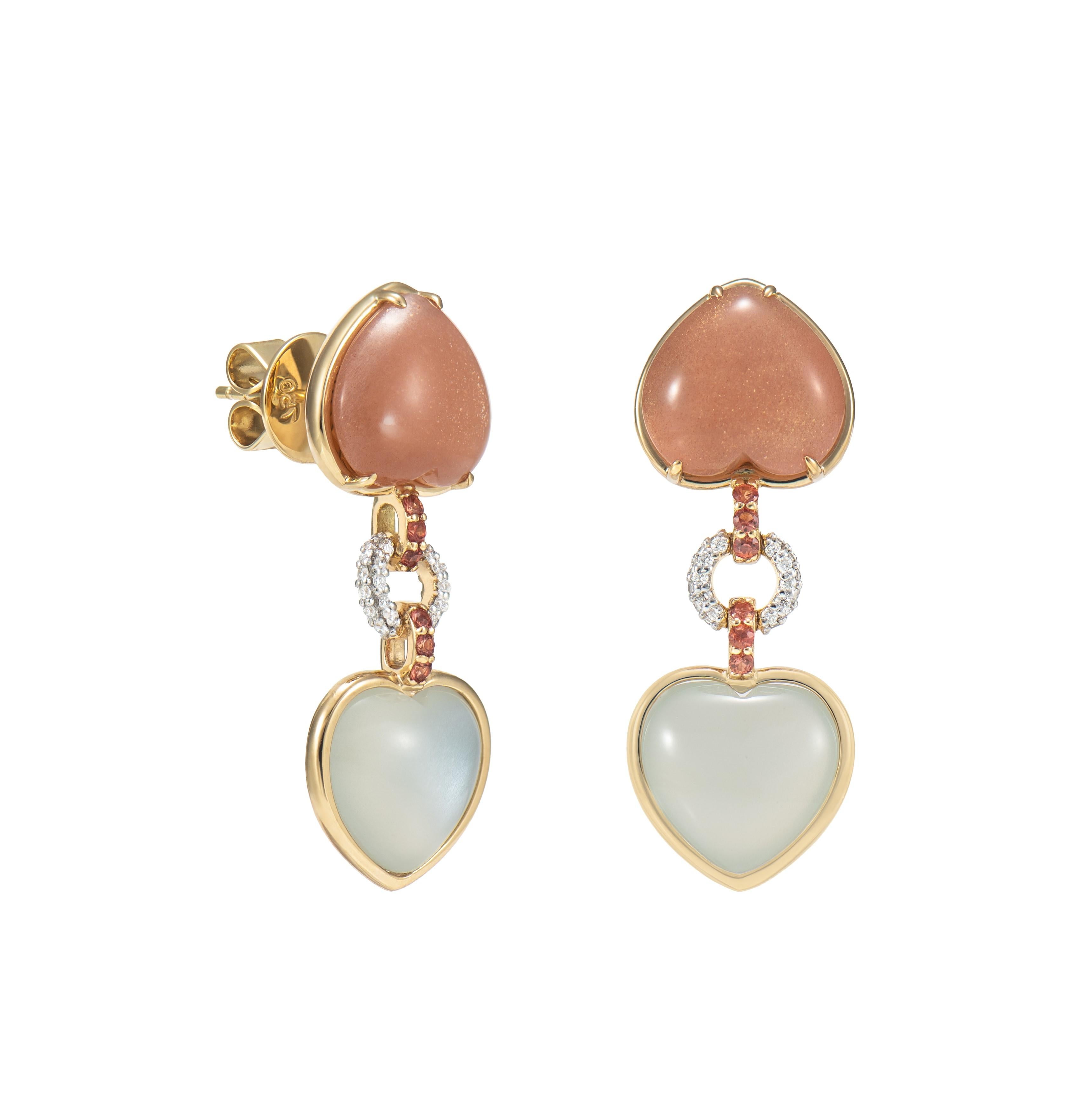 Celebrating the season of love with these delicate heart jewels! These pieces showcase beautiful gemstones with dainty accents to elevatue the beauty of the gem. 

White Moonstone and Orange Moonstone Drop Earring in 18 Karat Yellow Gold with Orange