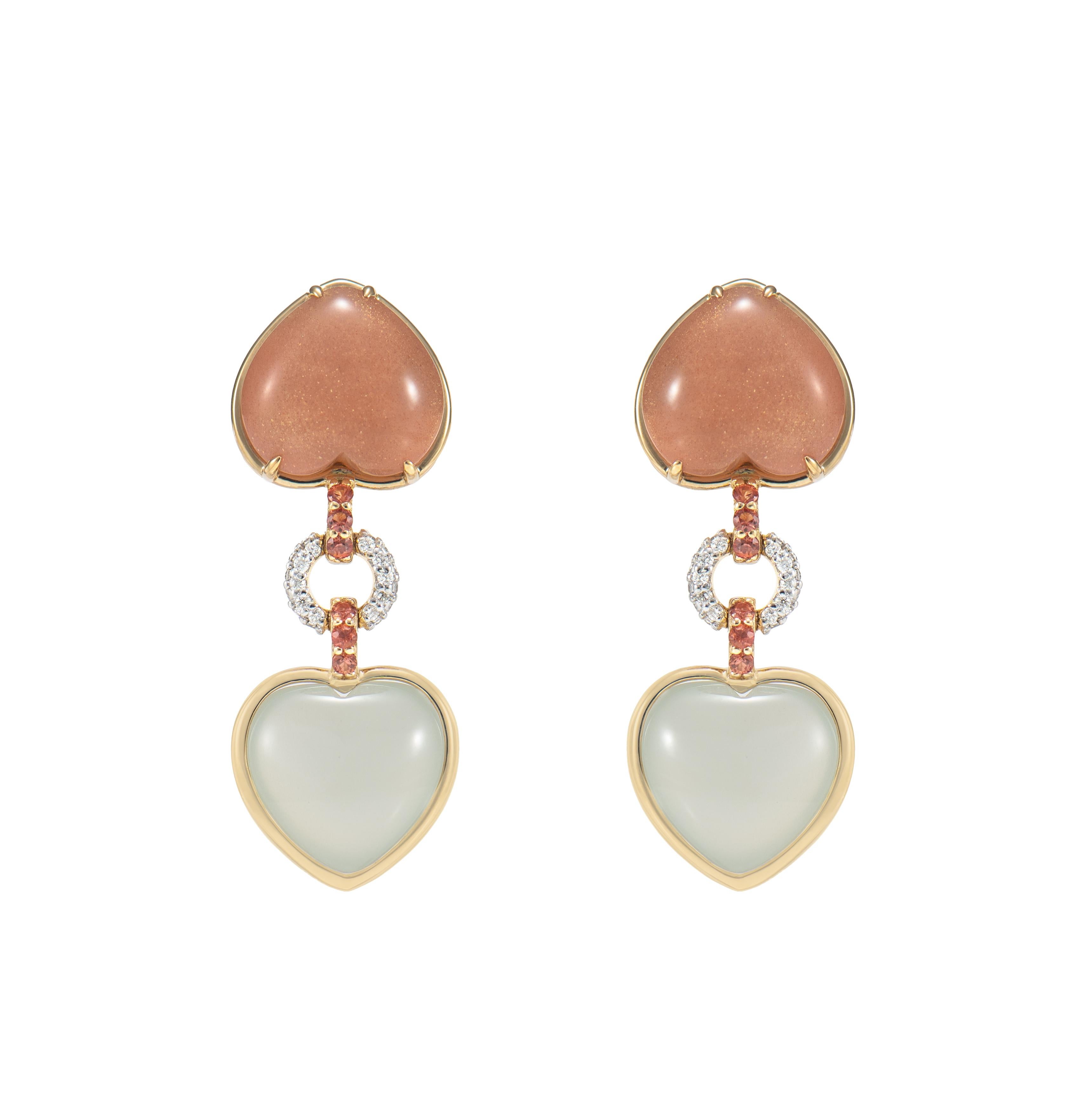Contemporary Moonstone Drop Earring in 18 Karat Yellow Gold with Sapphire and White Diamond For Sale