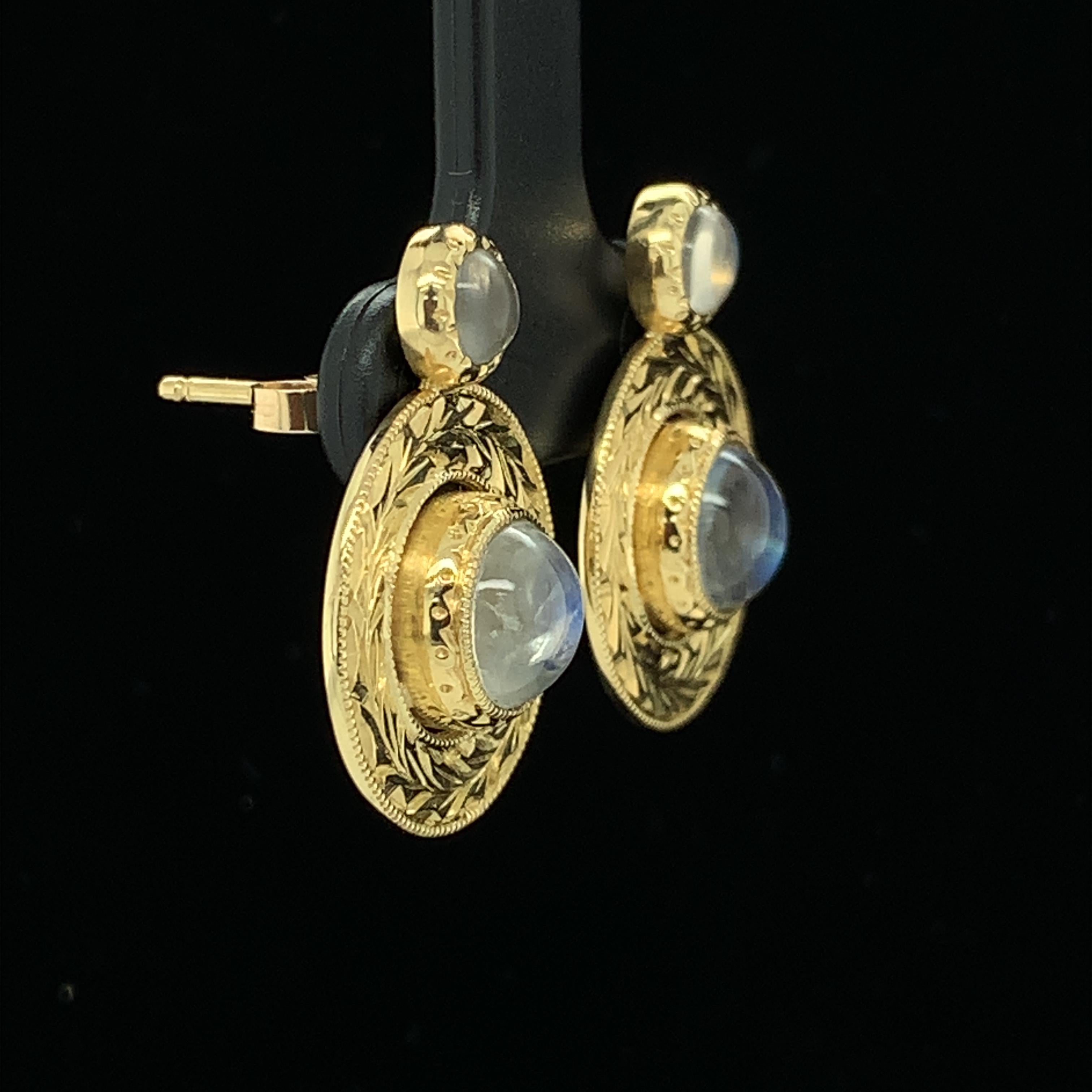 Cabochon  Moonstone Drop Earrings Bezel Set in Hand Engraved Yellow Gold 
