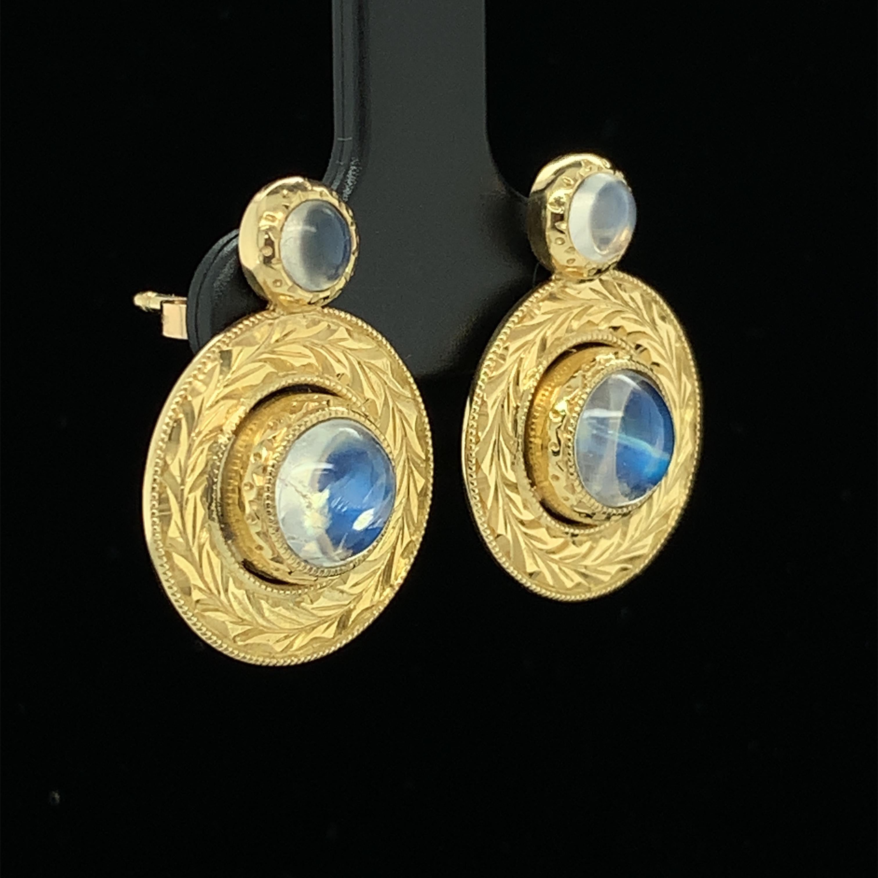 Artisan  Moonstone Drop Earrings Bezel Set in Hand Engraved Yellow Gold 