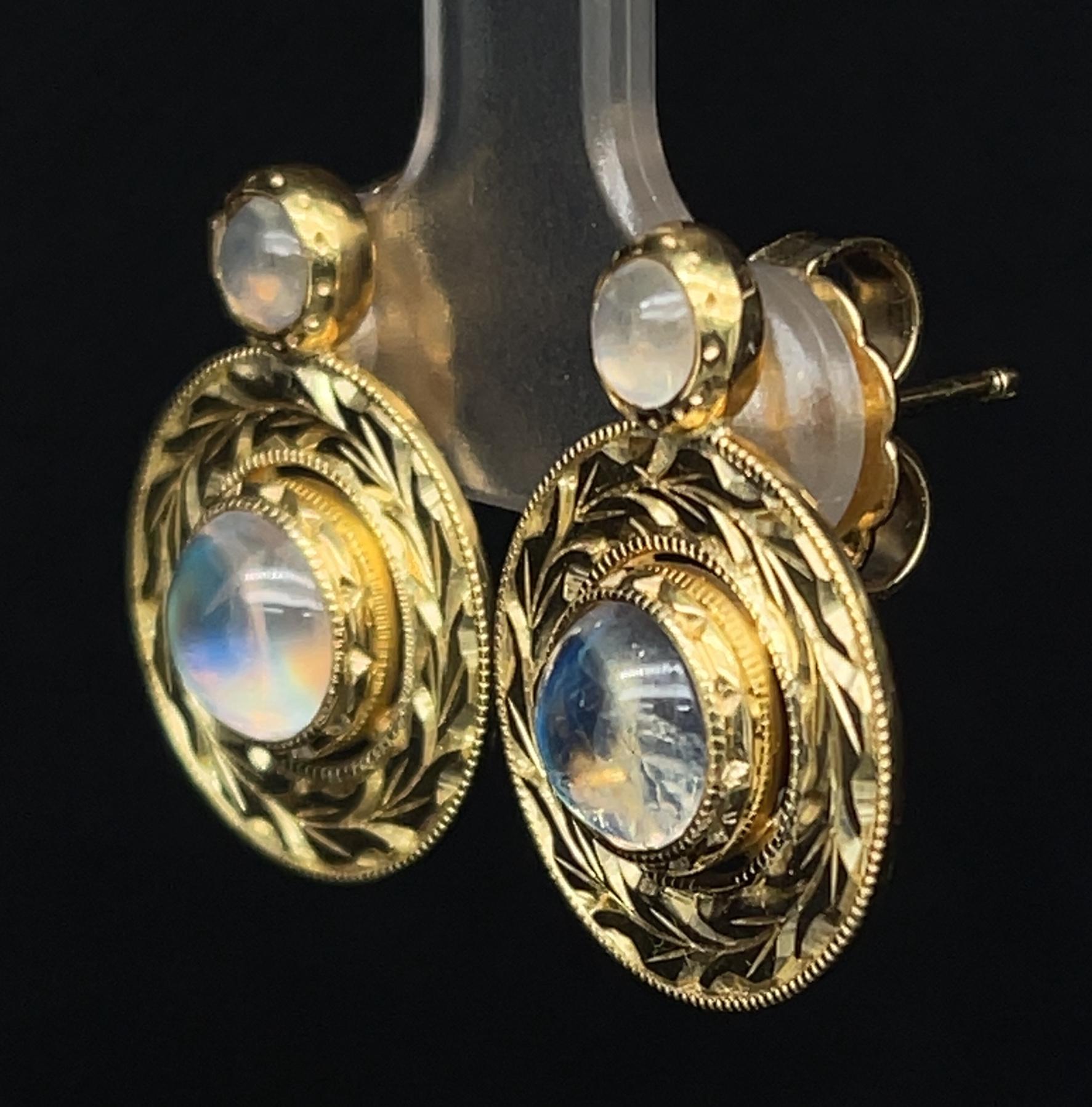 Women's  Moonstone Drop Earrings Bezel Set in Hand Engraved Yellow Gold 
