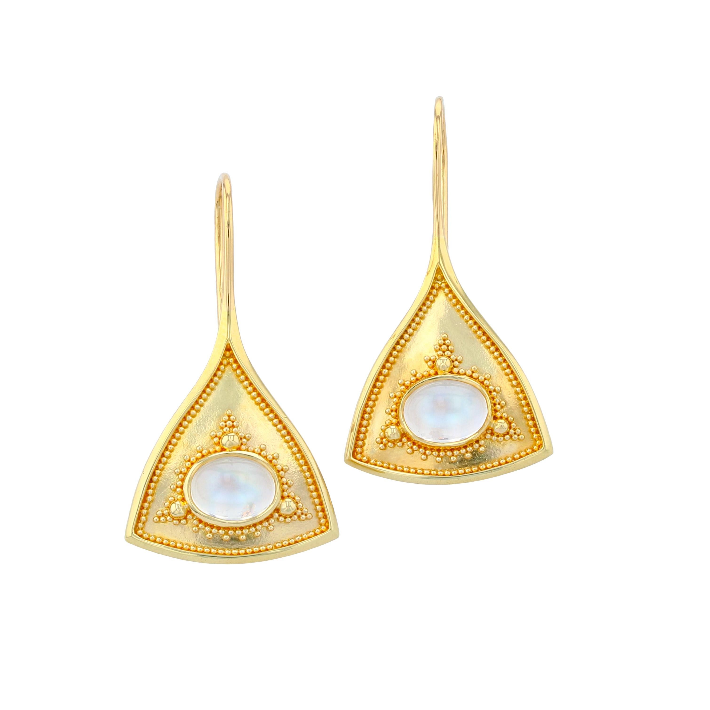 Artisan Kent Raible 18 Karat Gold Moonstone Drop Earrings with Gold Granulation
