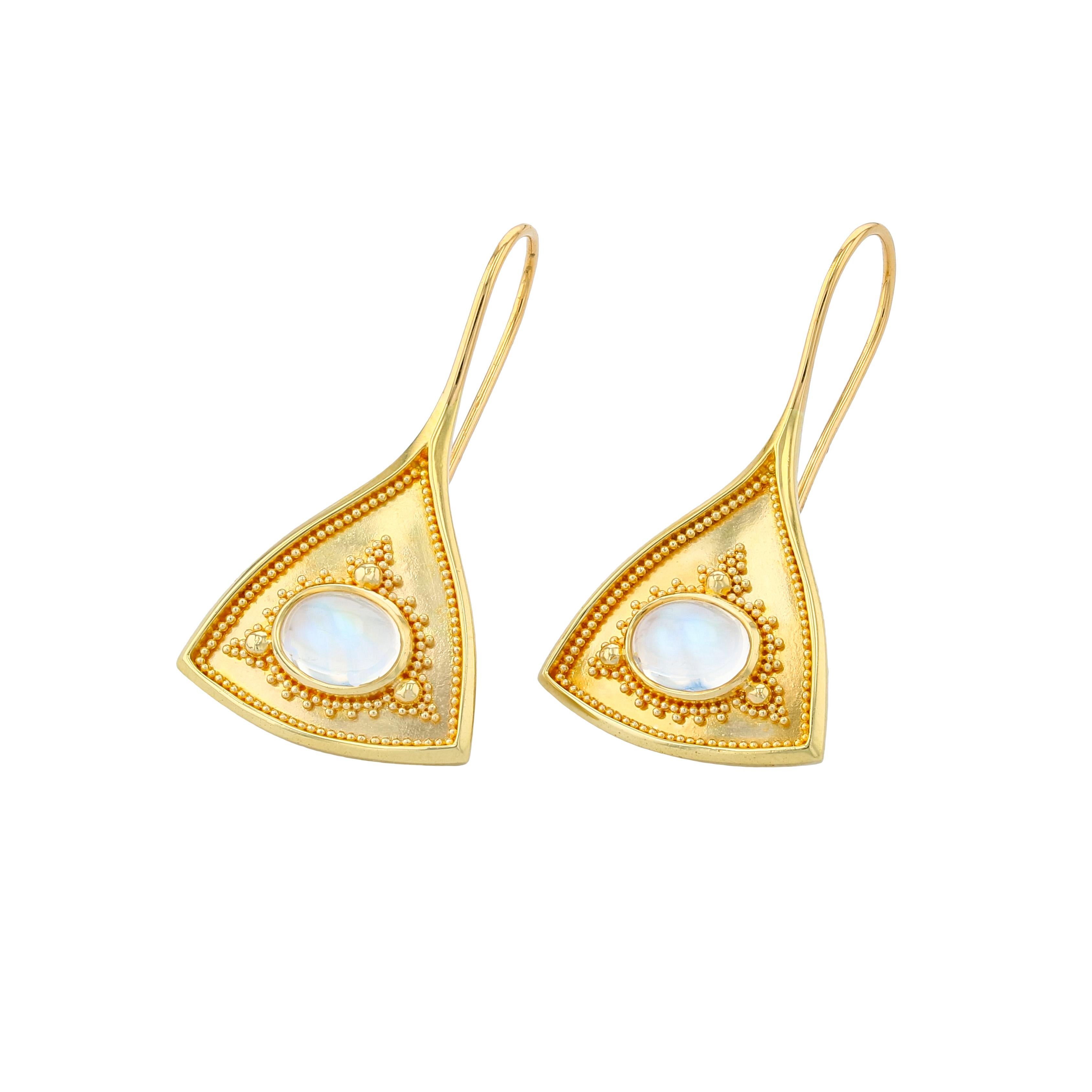 Oval Cut Kent Raible 18 Karat Gold Moonstone Drop Earrings with Gold Granulation