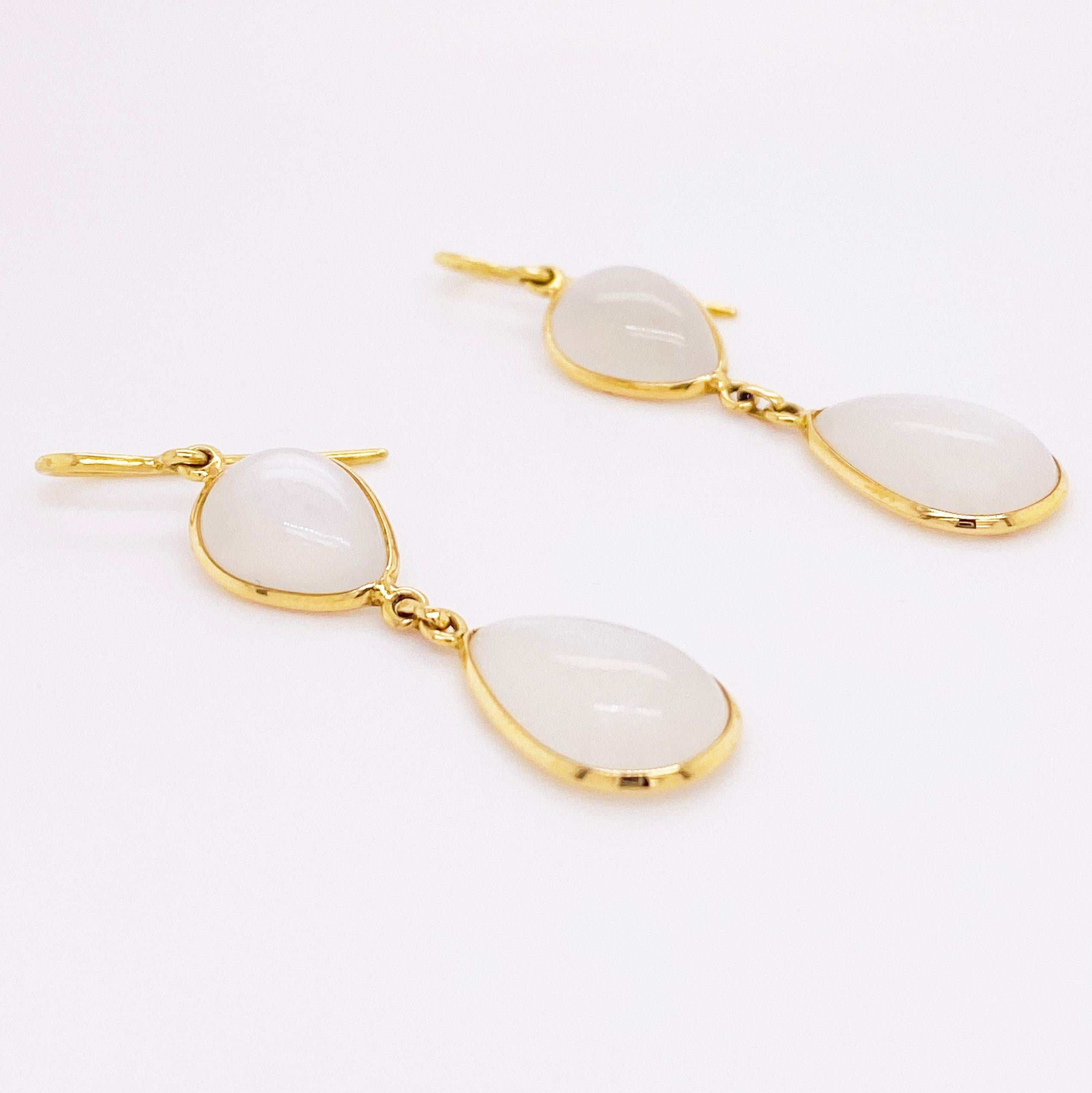 Modern Moonstone Earrings, 18 Karat Yellow Gold, Dangle Earrings, Pear