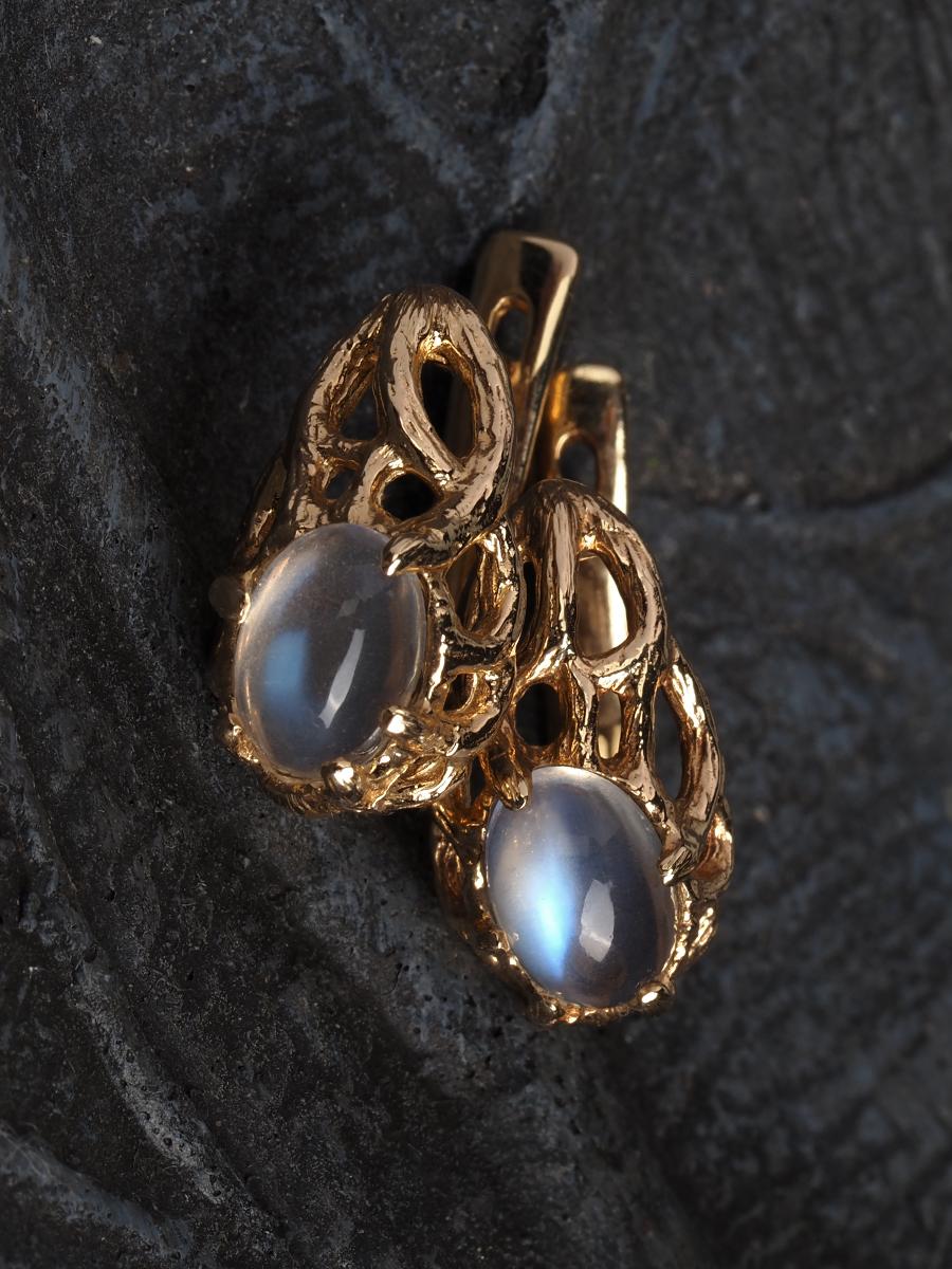 Women's or Men's Earrings Moonstone Gold 14K Yellow Studs Art Nouveau style