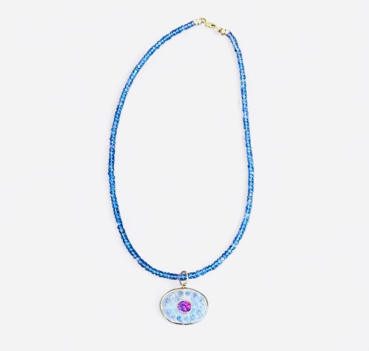 Malocchio in pietra di luna con ametista, tanzanite e collana in oro 14k con tanzanite in vendita 6