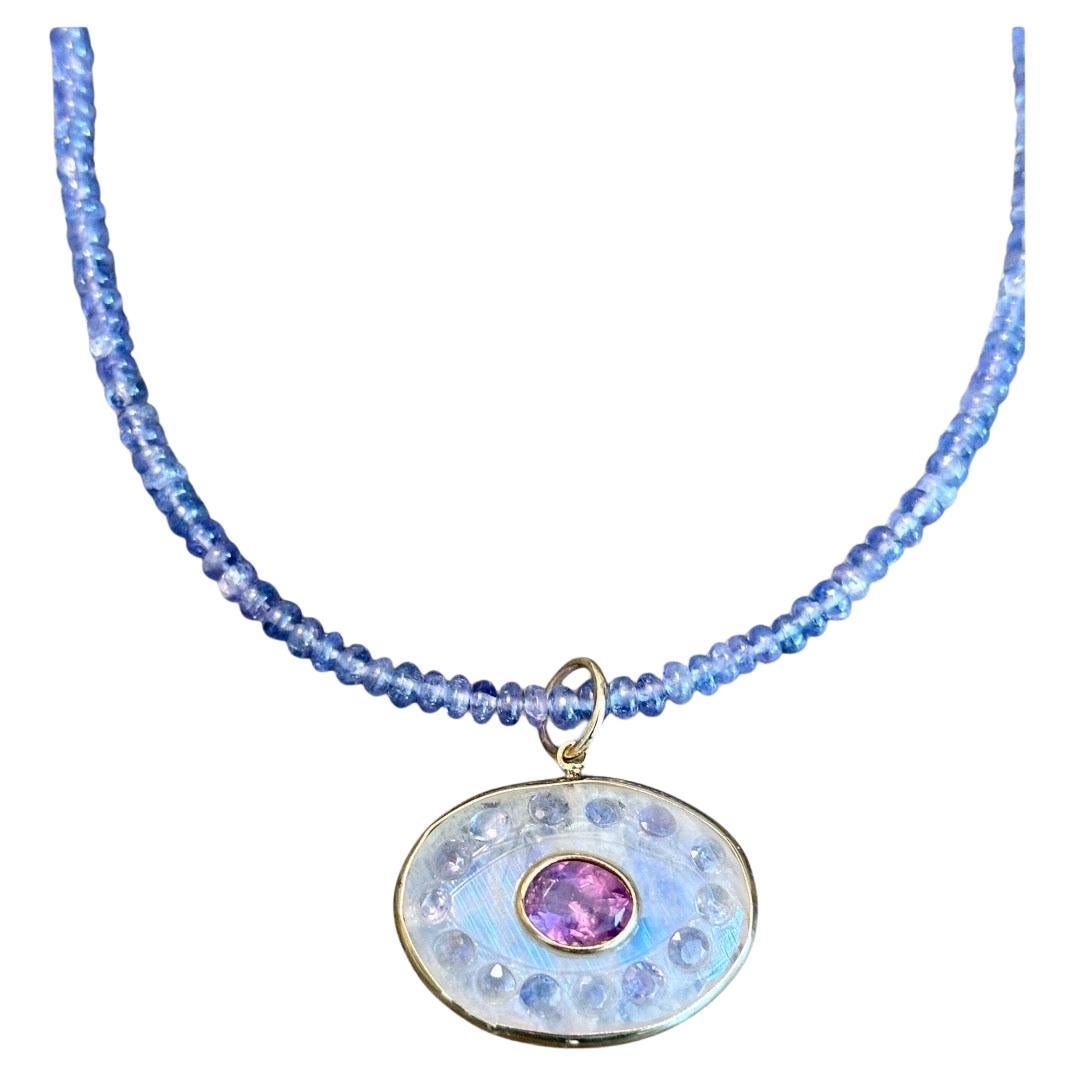 da uomo o donna Malocchio in pietra di luna con ametista, tanzanite e collana in oro 14k con tanzanite in vendita