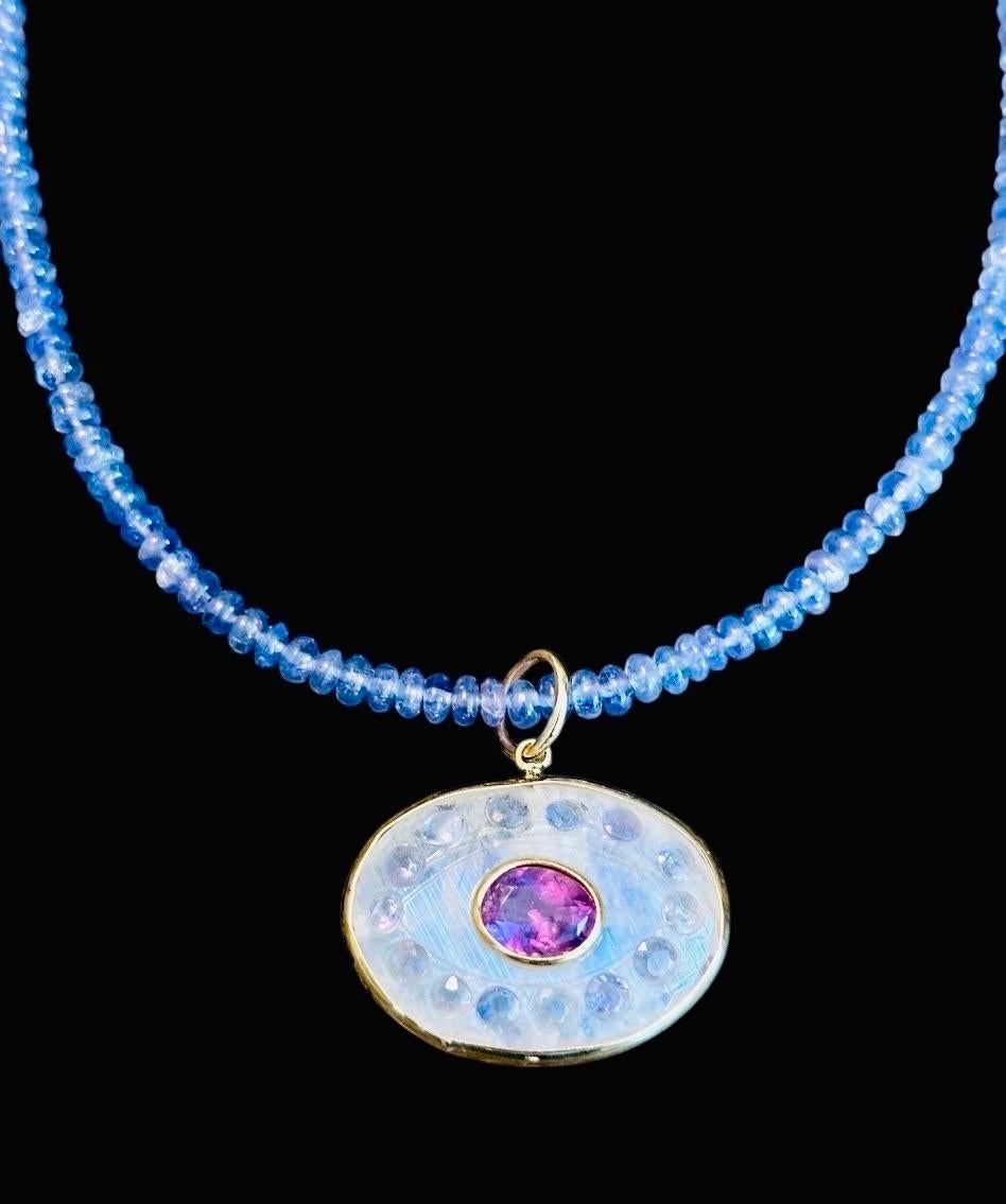 Malocchio in pietra di luna con ametista, tanzanite e collana in oro 14k con tanzanite in vendita 2