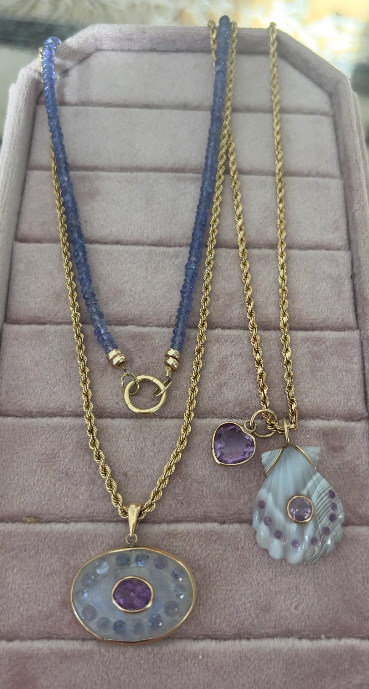 Malocchio in pietra di luna con ametista, tanzanite e collana in oro 14k con tanzanite in vendita 3