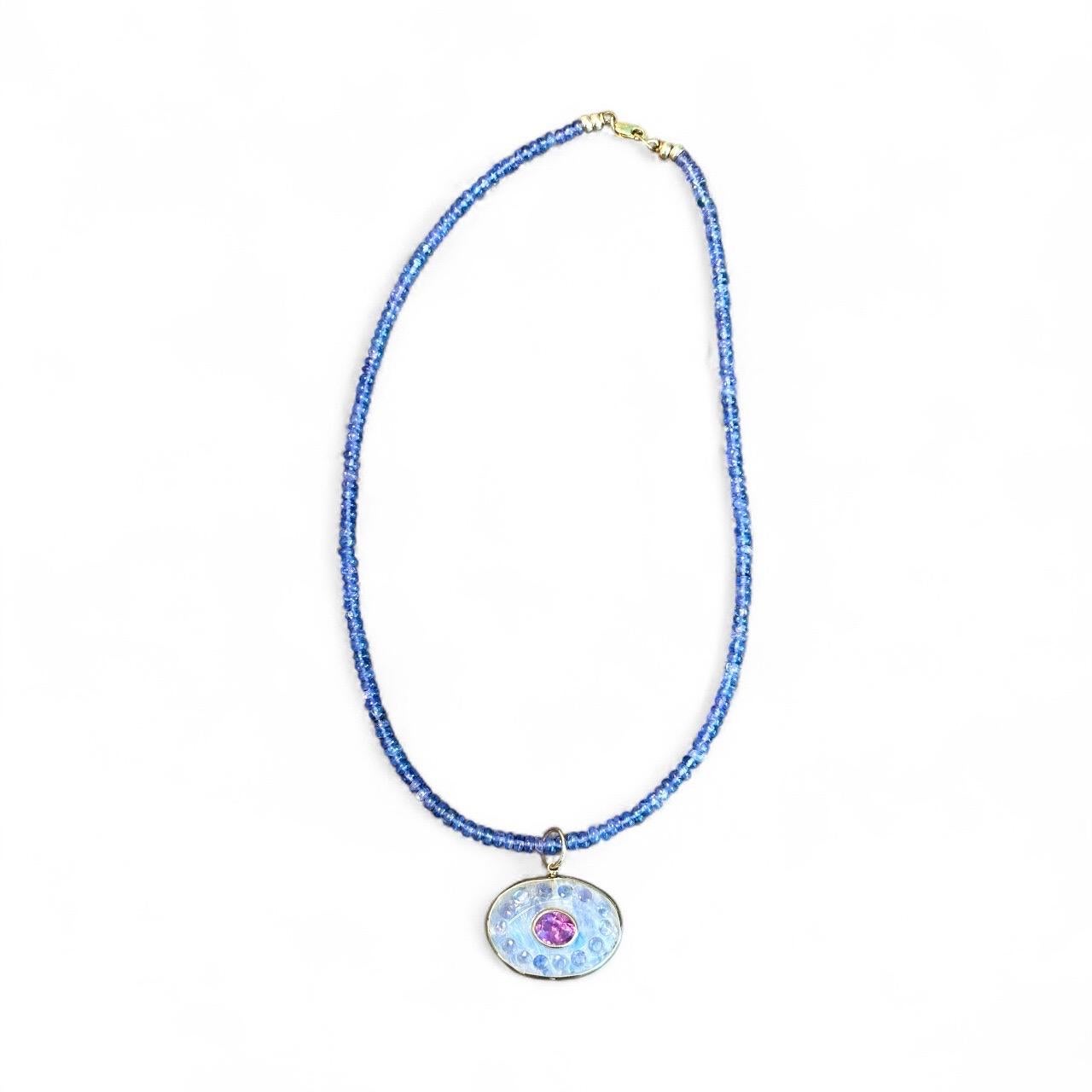 Malocchio in pietra di luna con ametista, tanzanite e collana in oro 14k con tanzanite in vendita 4