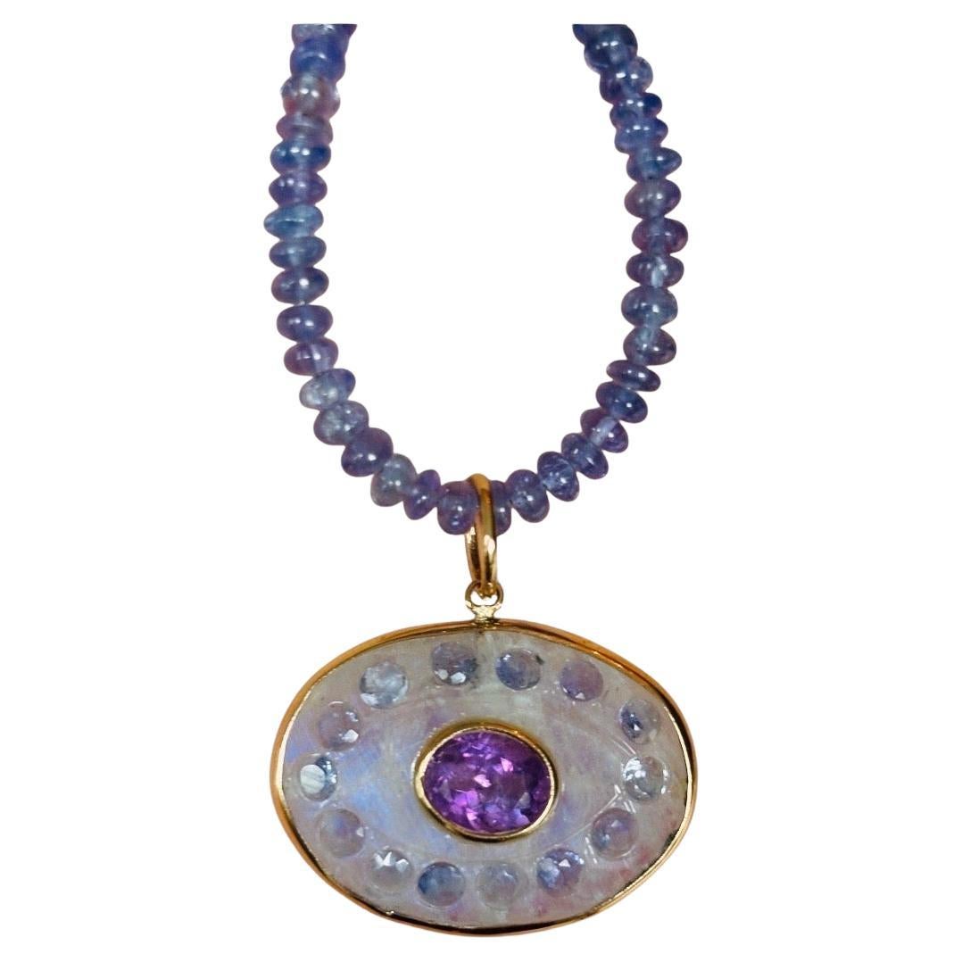 Malocchio in pietra di luna con ametista, tanzanite e collana in oro 14k con tanzanite in vendita