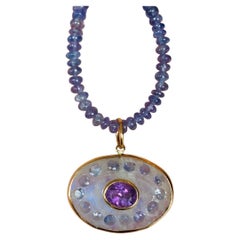 Moonstone Evil Eye with Amethyst, Tanzanite and 14k Gold on Tanzanite Necklace Moonstone Evil Eye with Amethyst, Tanzanite and 14k Gold on Tanzanite Necklace
