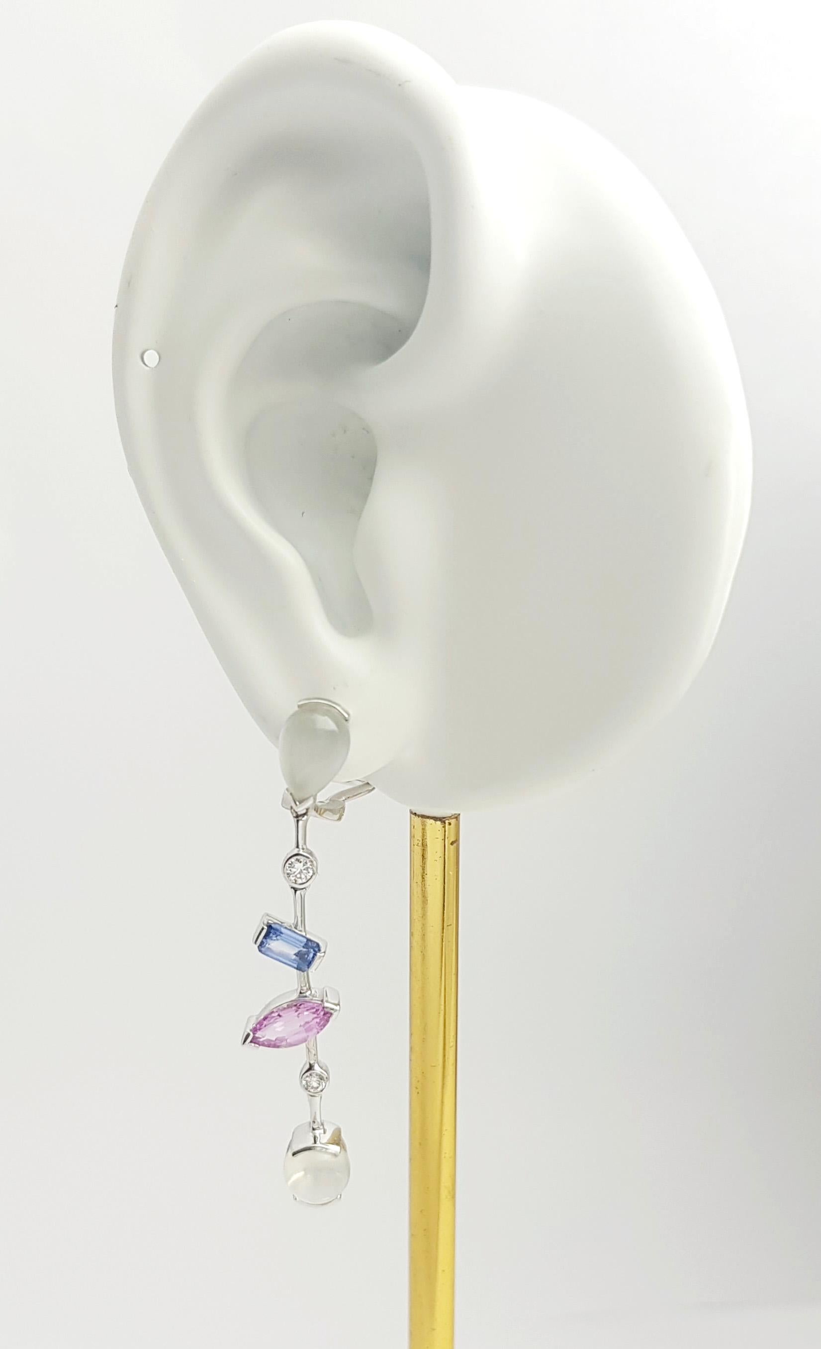 Moonstone 3.41 carats, Pink Sapphire 0.75 carat, Orange Sapphire 0.67 carat, Diamond 0.16 carat and Blue Sapphire 0.85 carat Earrings set in 18K White Gold Settings

Width: 0.8 cm 
Length: 4.6 cm
Total Weight: 8.56 grams

