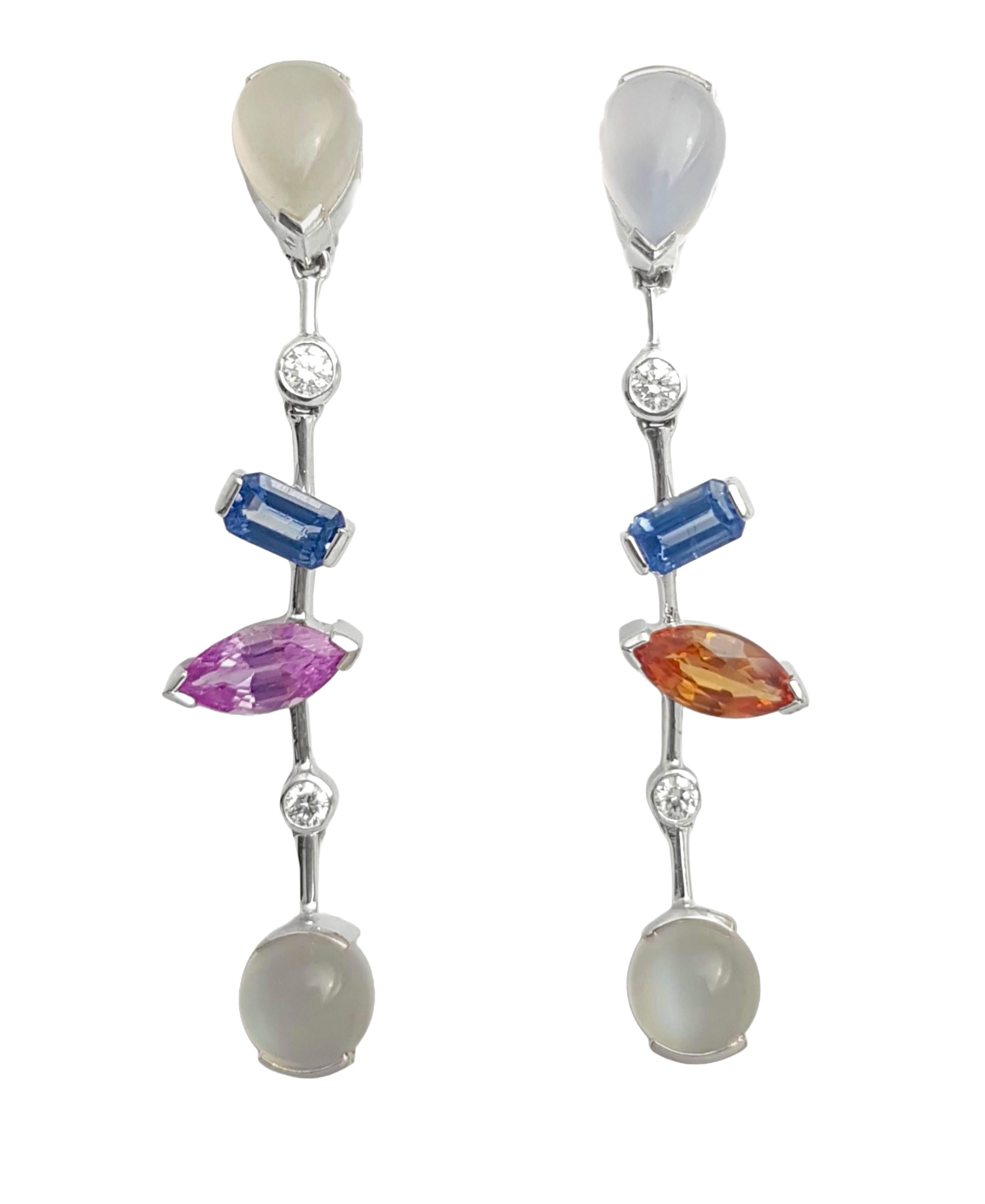 Contemporary Moonstone, Fancy Sapphires, Diamond Earrings in 18K White Gold Settings For Sale