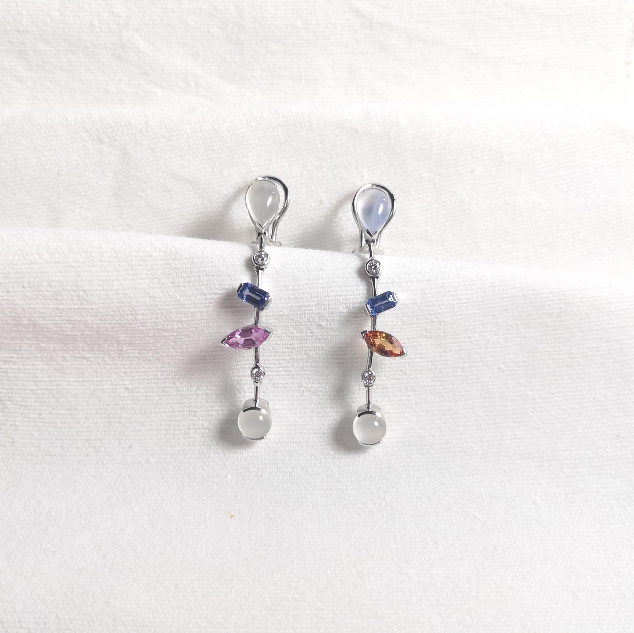 Mixed Cut Moonstone, Fancy Sapphires, Diamond Earrings in 18K White Gold Settings For Sale