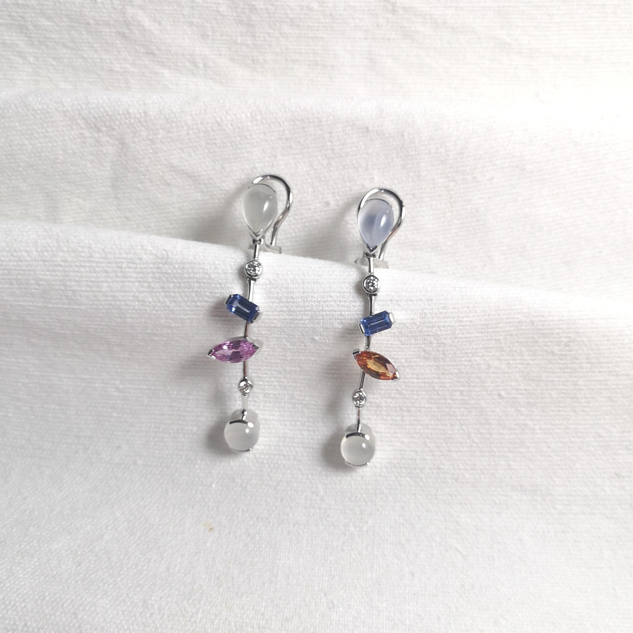 Moonstone, Fancy Sapphires, Diamond Earrings in 18K White Gold Settings In New Condition For Sale In Bangkok, TH