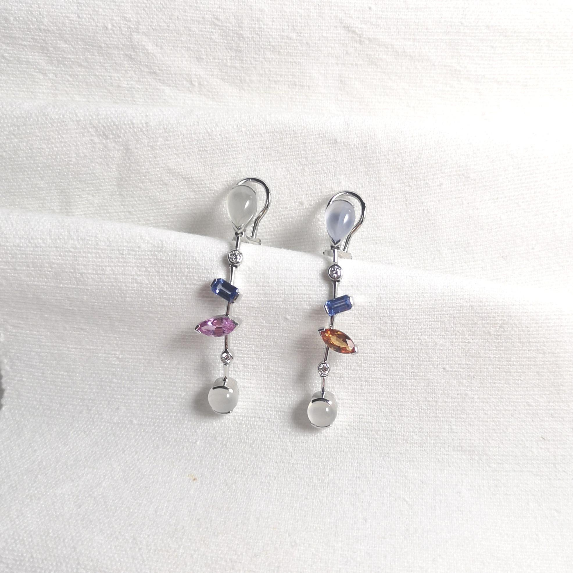 Women's Moonstone, Fancy Sapphires, Diamond Earrings in 18K White Gold Settings For Sale
