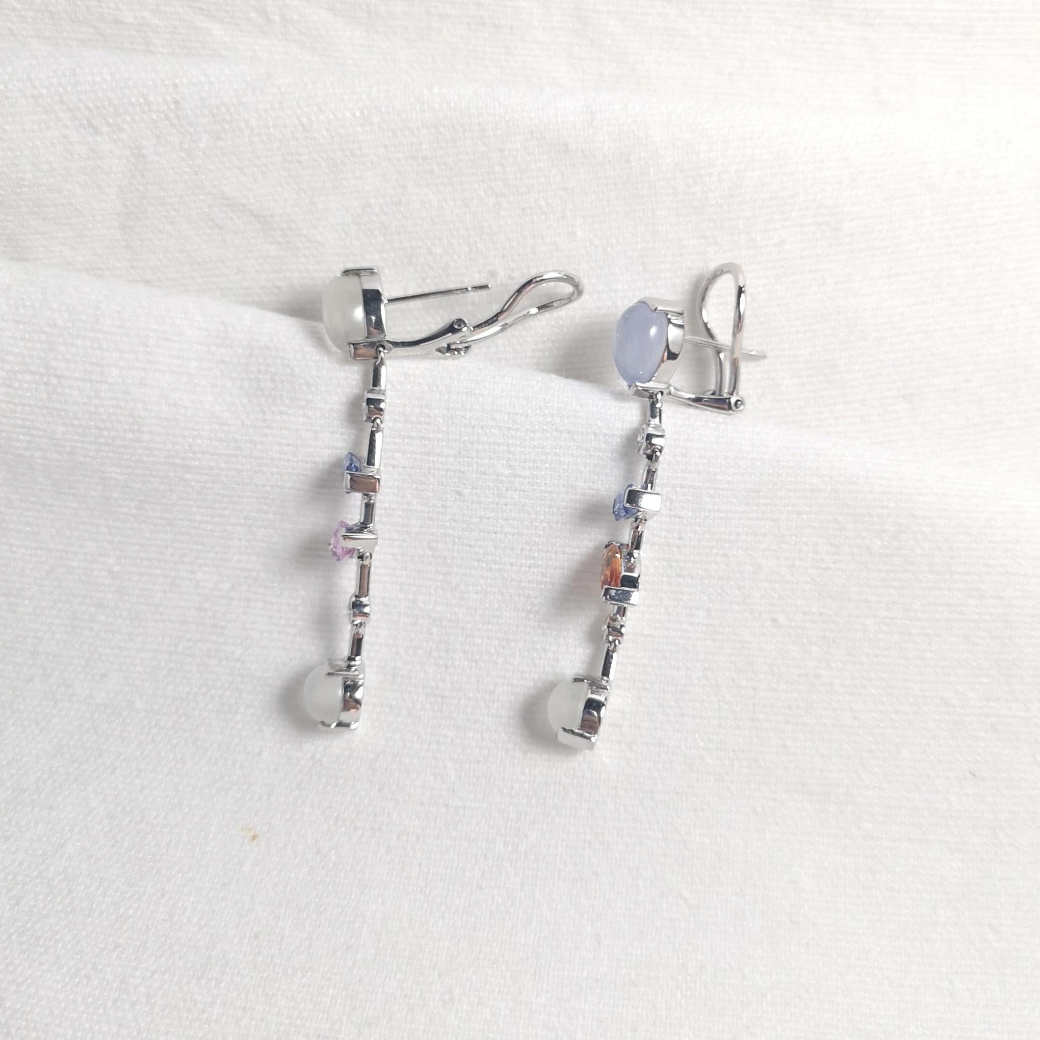 Moonstone, Fancy Sapphires, Diamond Earrings in 18K White Gold Settings For Sale 1