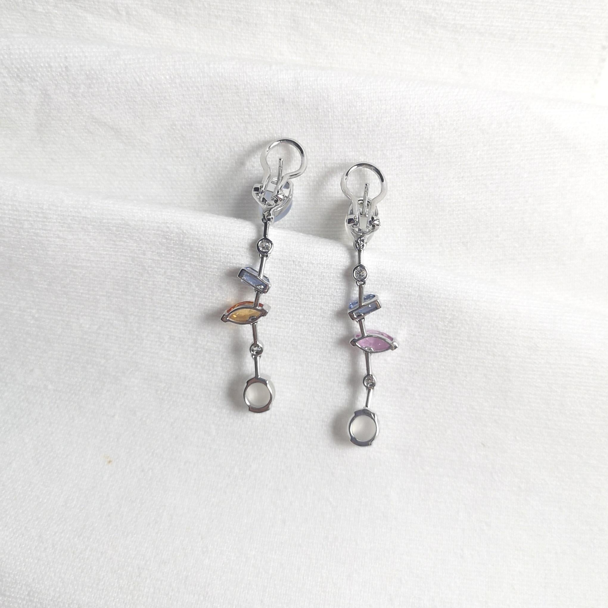 Moonstone, Fancy Sapphires, Diamond Earrings in 18K White Gold Settings For Sale 2