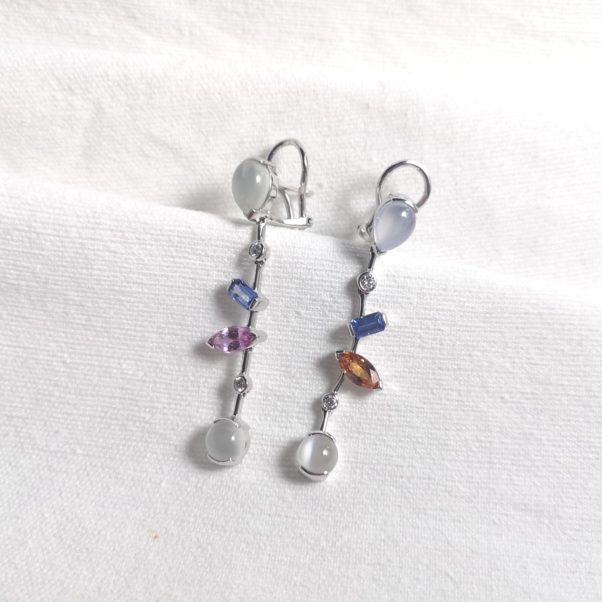 Moonstone, Fancy Sapphires, Diamond Earrings in 18K White Gold Settings For Sale 3