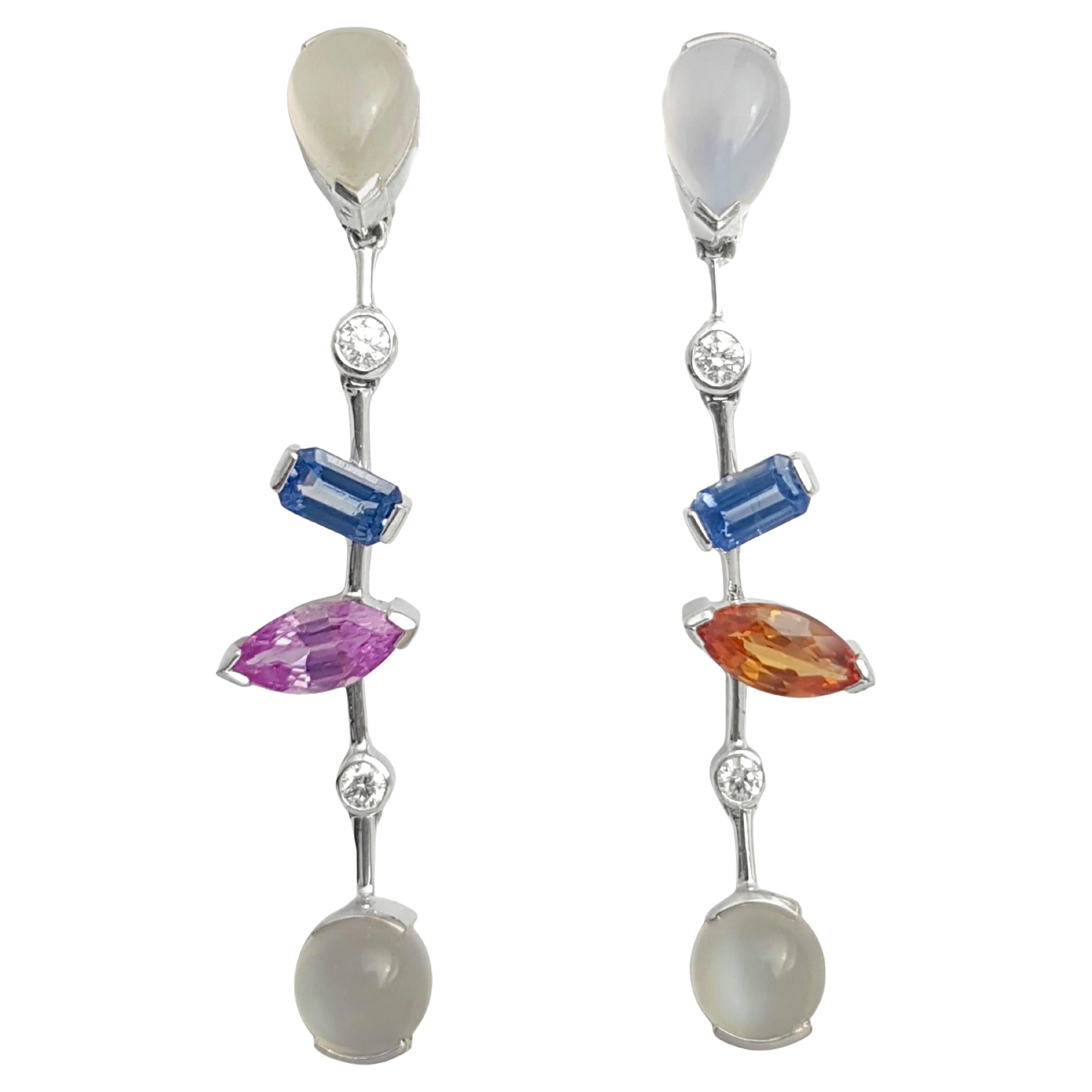 Moonstone, Fancy Sapphires, Diamond Earrings in 18K White Gold Settings