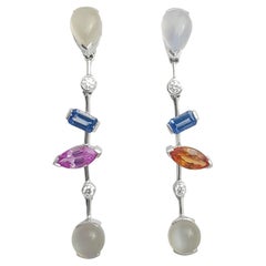 Moonstone, Fancy Sapphires, Diamond Earrings in 18K White Gold Settings