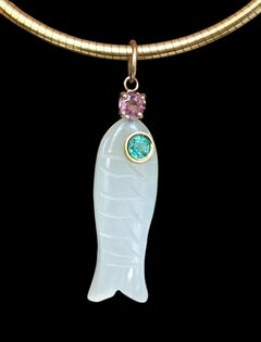 Moonstone Fish Pendant with Emerald, Pink Spinel & 14k Gold