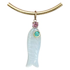 Moonstone Fish Pendant with Emerald, Pink Spinel & 14k Gold