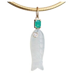 Mondstein Fisch Pensant mit Diamant, Smaragd & 14k Gold