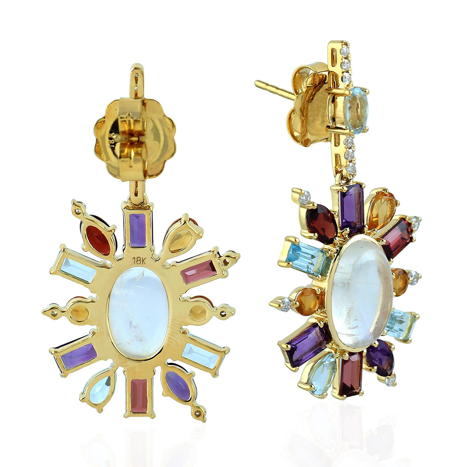 Pendientes Piedra Lunar Granate Diamante Oro 14 Kilates Moderno en venta