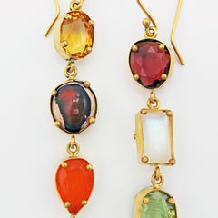 Moonstone, Garnet, Turquoise, Peridot and Fire Opal Asymmetrical Dangle Earrings